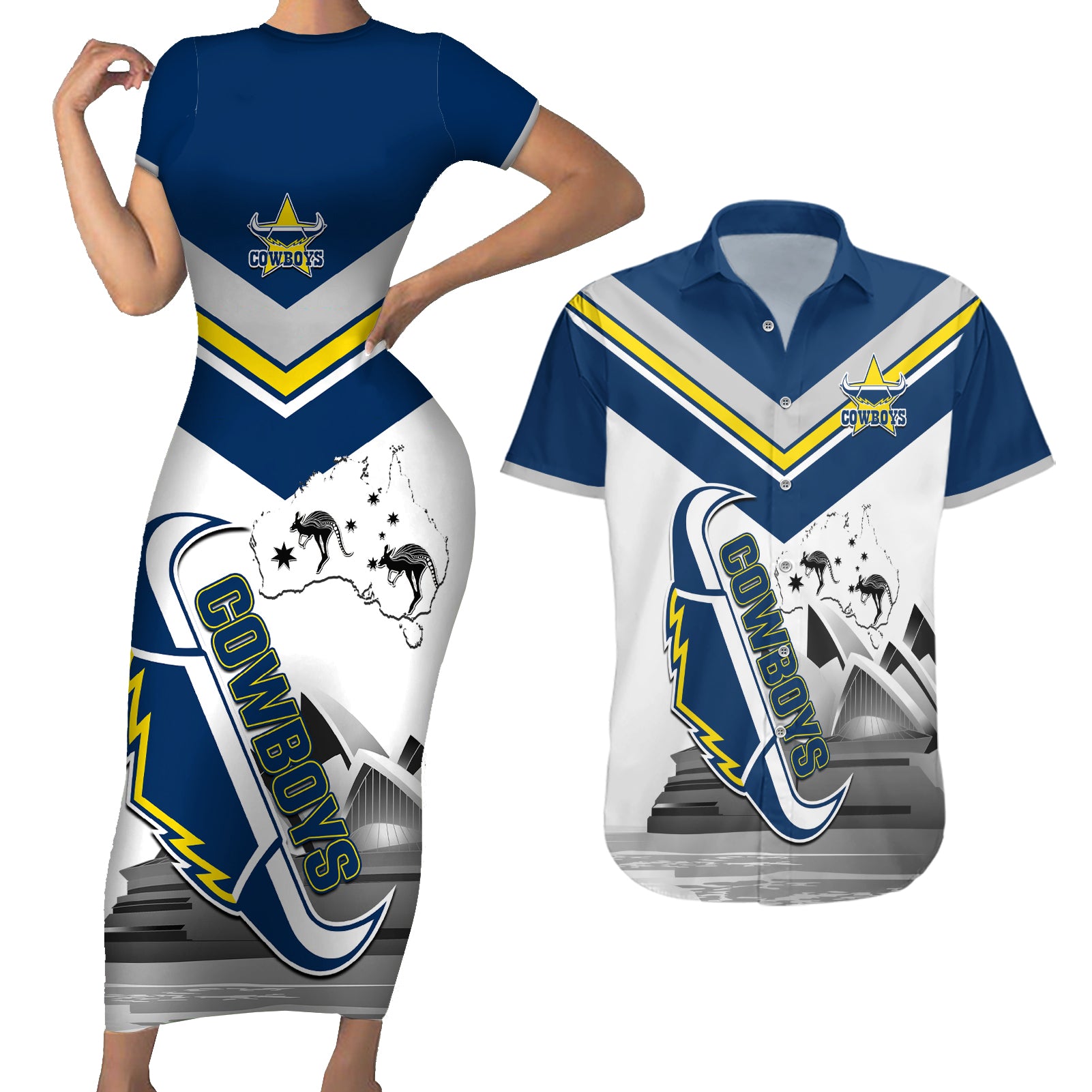 Custom Australia Day Cowboys Couples Matching Short Sleeve Bodycon Dress and Hawaiian Shirt NRL 2024 Sydney Opera House With Map