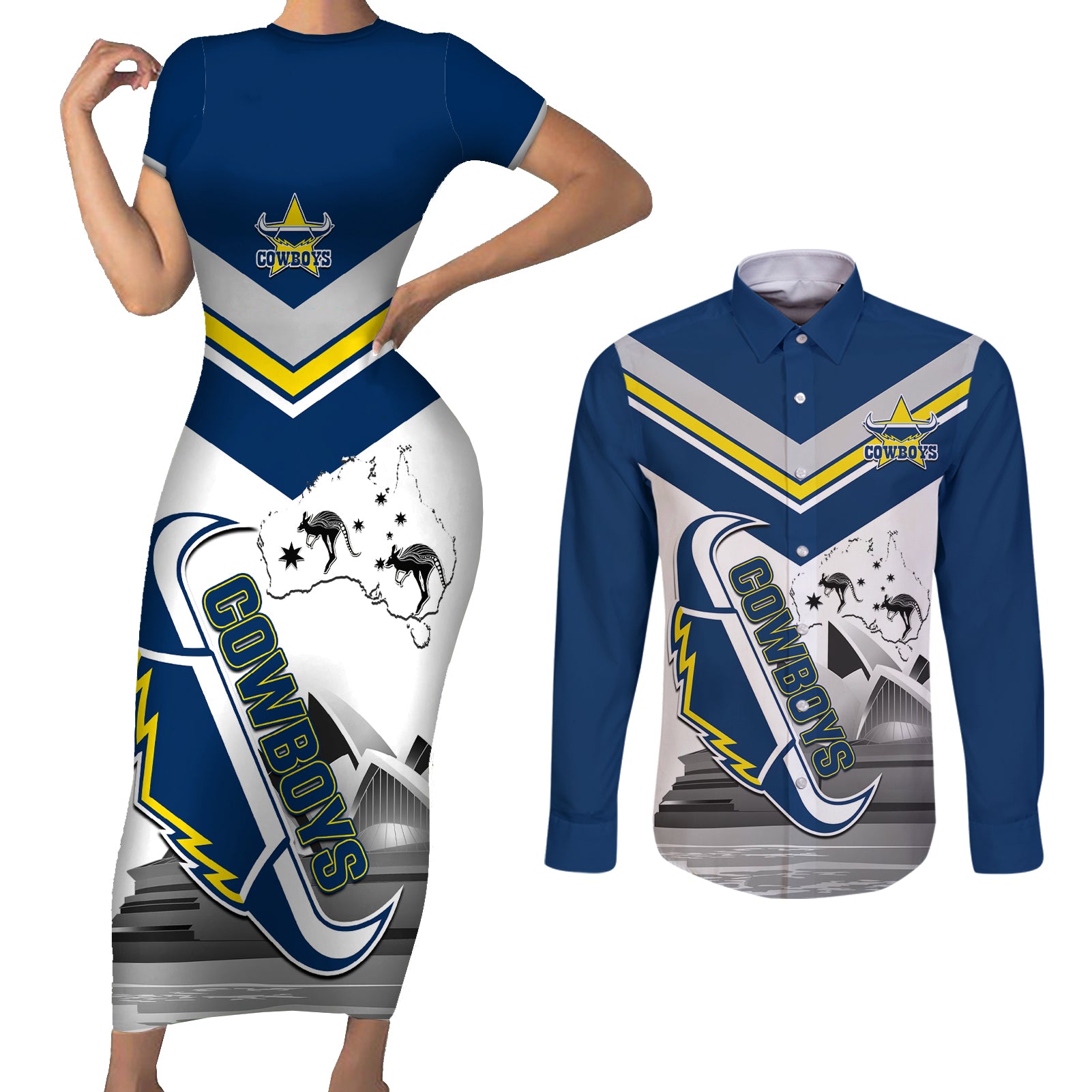 Custom Australia Day Cowboys Couples Matching Short Sleeve Bodycon Dress and Long Sleeve Button Shirt NRL 2024 Sydney Opera House With Map