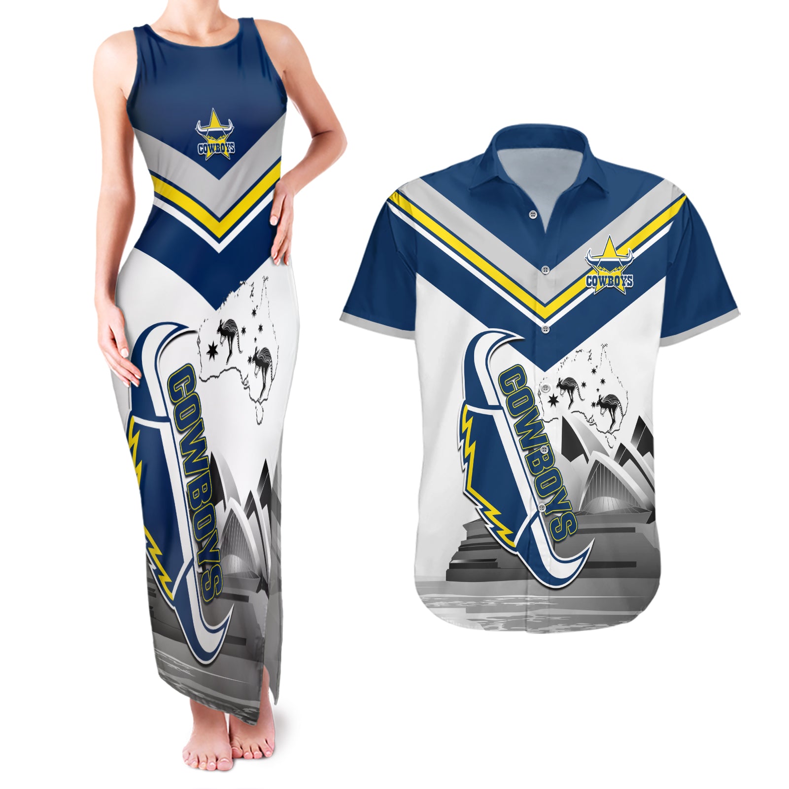 Custom Australia Day Cowboys Couples Matching Tank Maxi Dress and Hawaiian Shirt NRL 2024 Sydney Opera House With Map