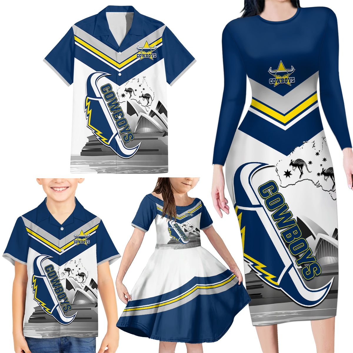 Custom Australia Day Cowboys Family Matching Long Sleeve Bodycon Dress and Hawaiian Shirt NRL 2024 Sydney Opera House With Map