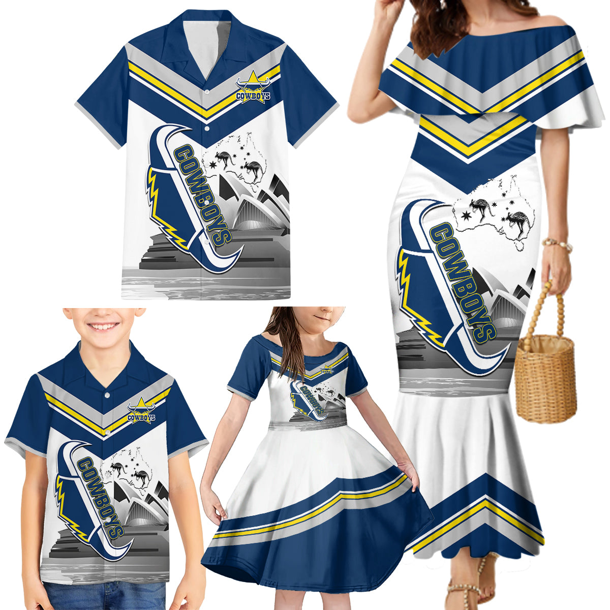 Custom Australia Day Cowboys Family Matching Mermaid Dress and Hawaiian Shirt NRL 2024 Sydney Opera House With Map