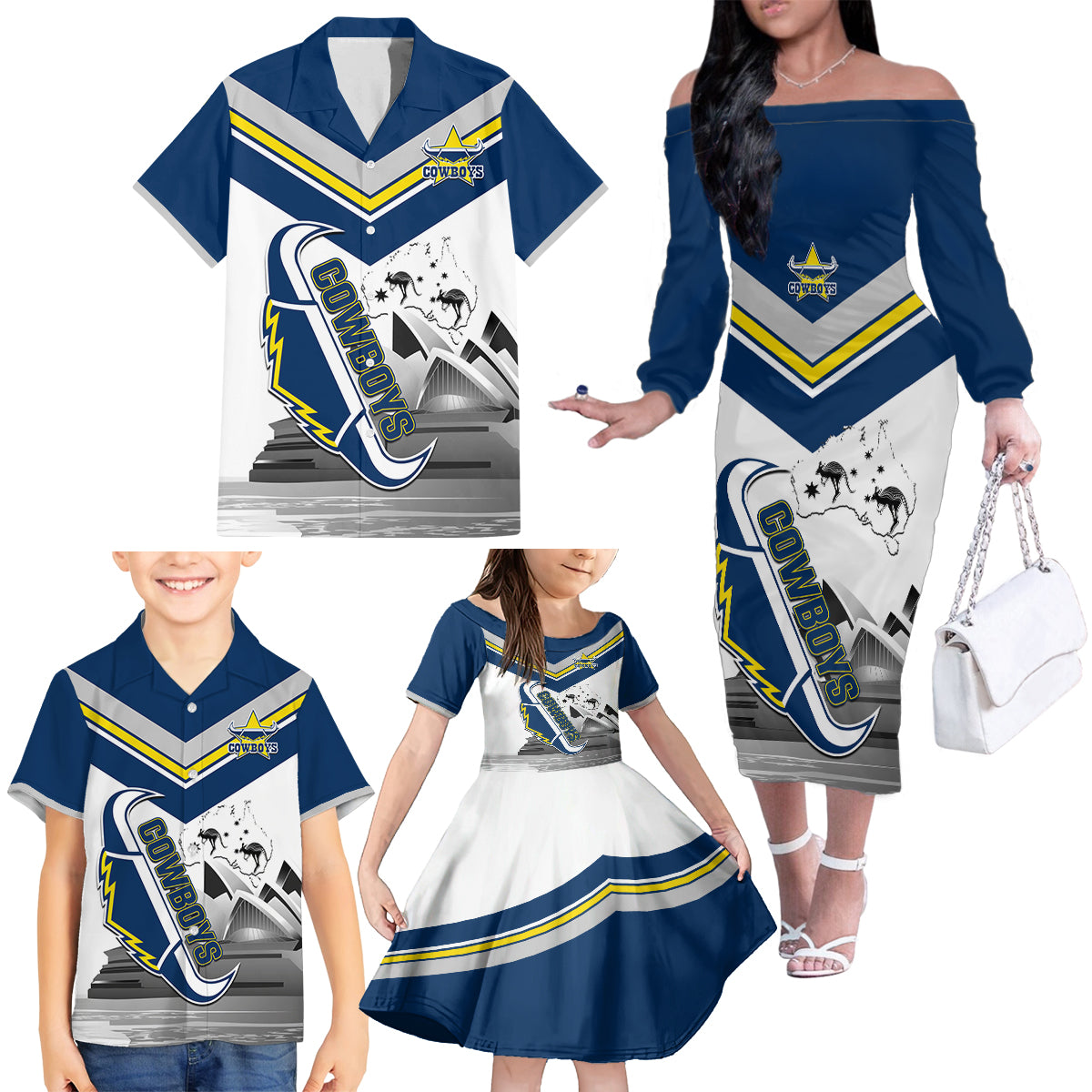 Custom Australia Day Cowboys Family Matching Off Shoulder Long Sleeve Dress and Hawaiian Shirt NRL 2024 Sydney Opera House With Map