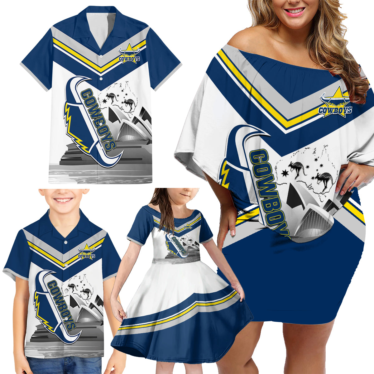 Custom Australia Day Cowboys Family Matching Off Shoulder Short Dress and Hawaiian Shirt NRL 2024 Sydney Opera House With Map