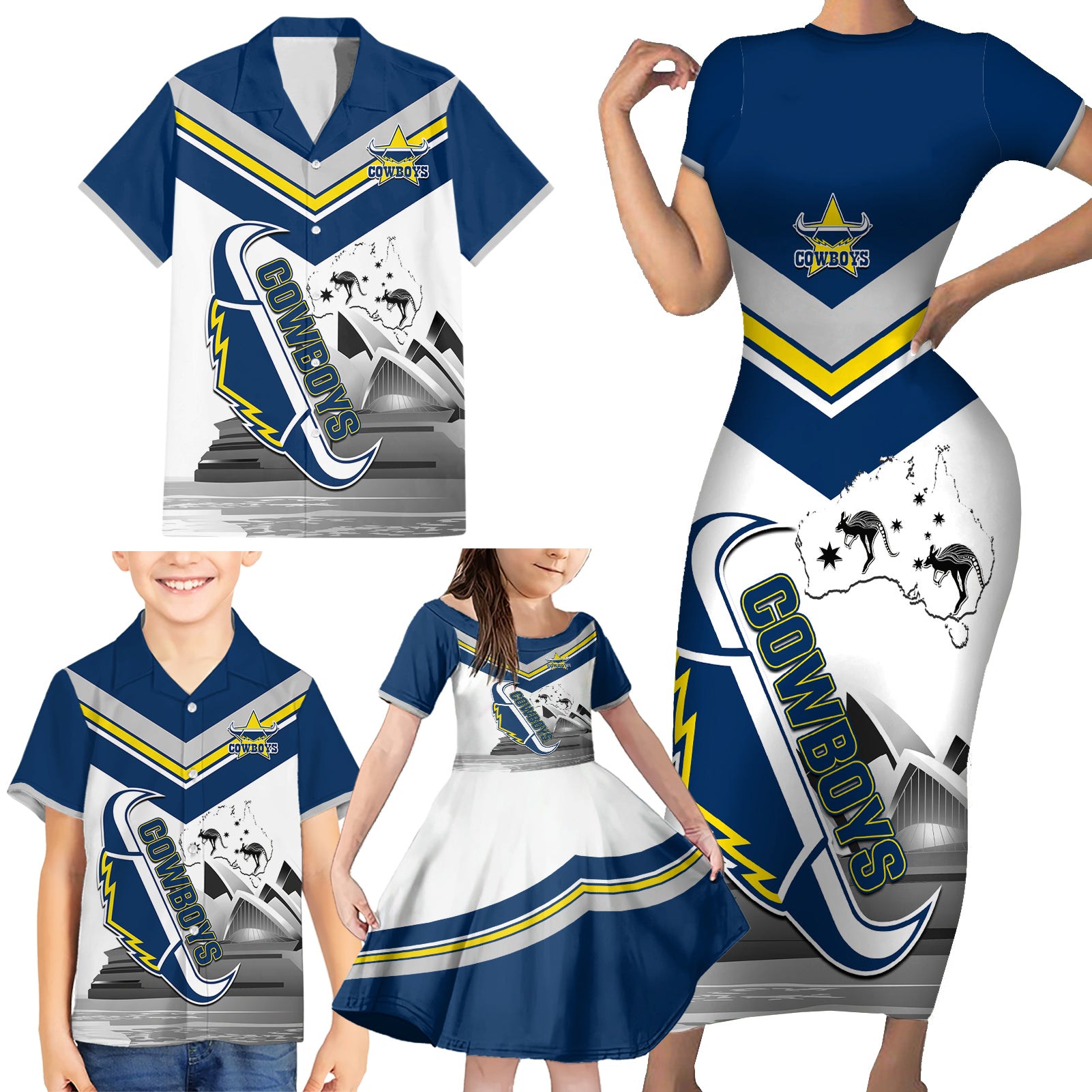 Custom Australia Day Cowboys Family Matching Short Sleeve Bodycon Dress and Hawaiian Shirt NRL 2024 Sydney Opera House With Map