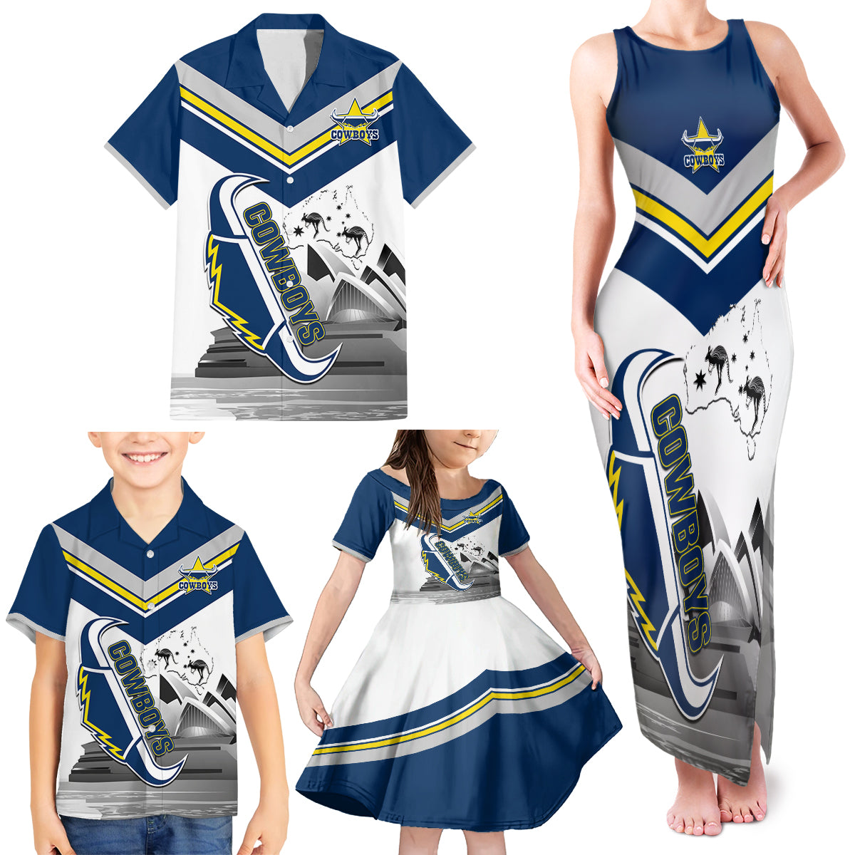 Custom Australia Day Cowboys Family Matching Tank Maxi Dress and Hawaiian Shirt NRL 2024 Sydney Opera House With Map