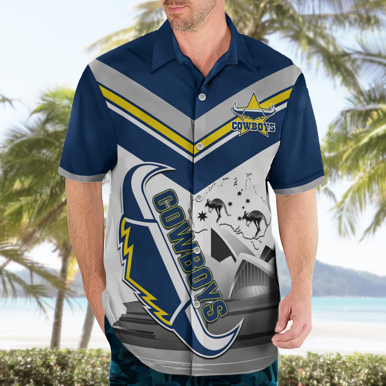 Custom Australia Day Cowboys Hawaiian Shirt NRL 2024 Sydney Opera House With Map - Vibe Hoodie Shop