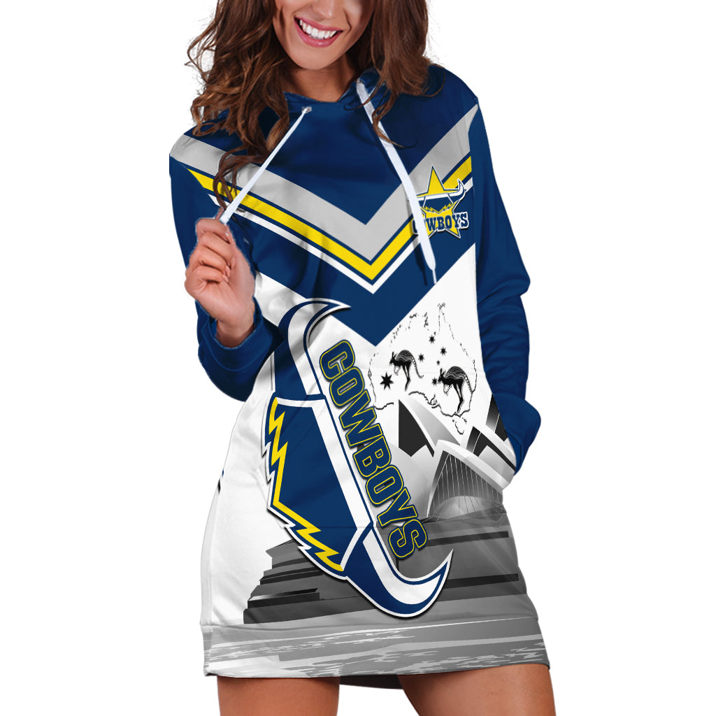 Custom Australia Day Cowboys Hoodie Dress NRL 2024 Sydney Opera House With Map - Vibe Hoodie Shop