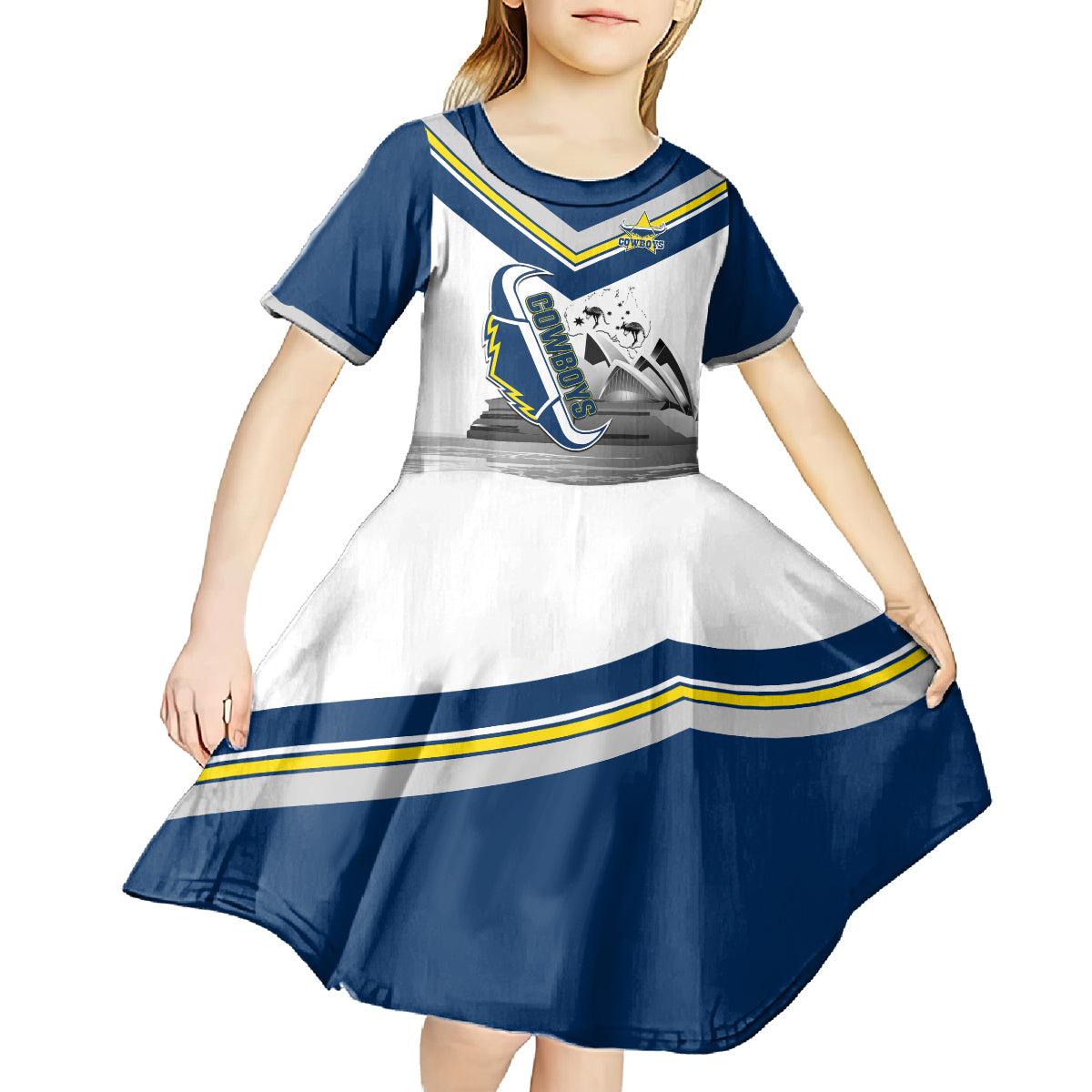 Custom Australia Day Cowboys Kid Short Sleeve Dress NRL 2024 Sydney Opera House With Map - Vibe Hoodie Shop