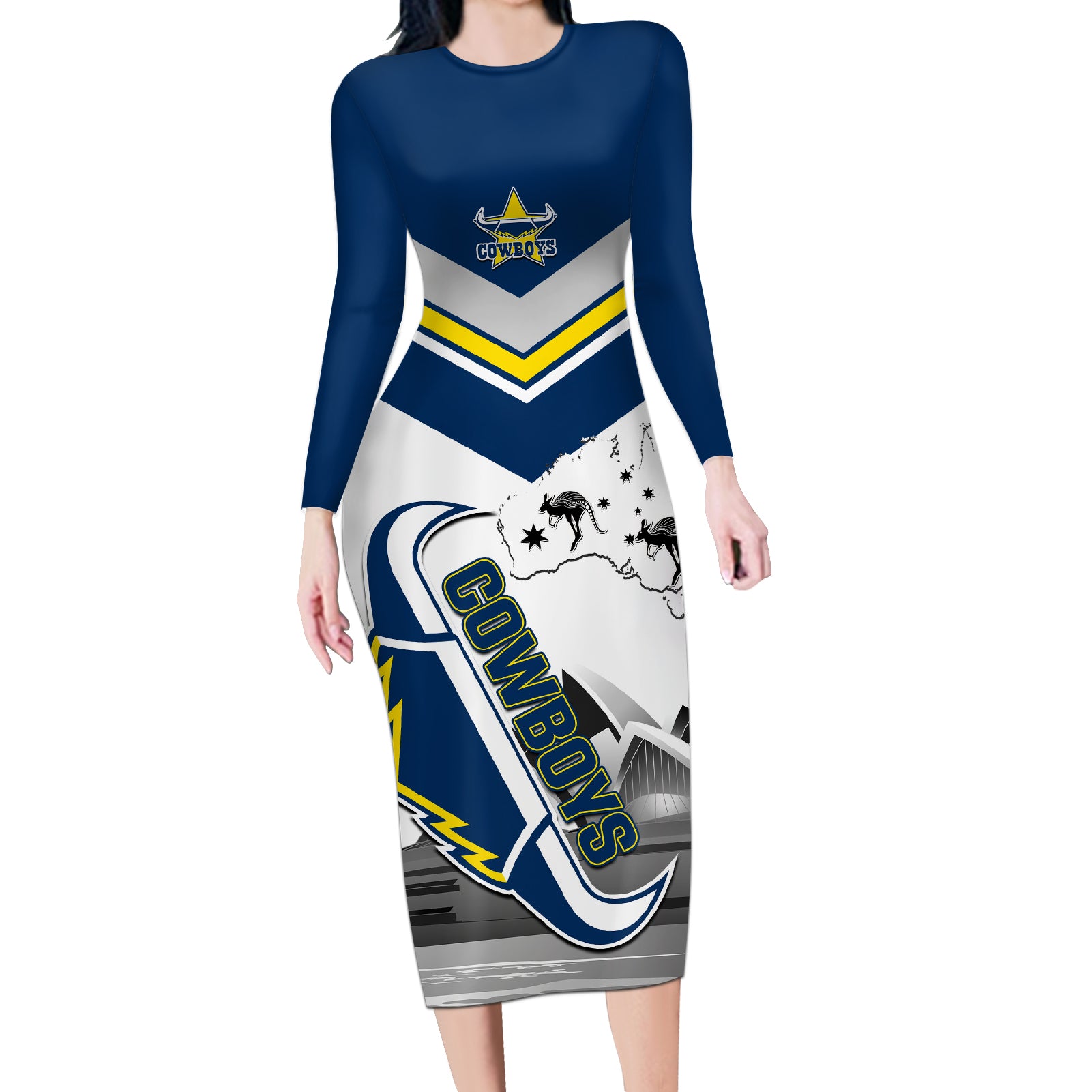 Custom Australia Day Cowboys Long Sleeve Bodycon Dress NRL 2024 Sydney Opera House With Map