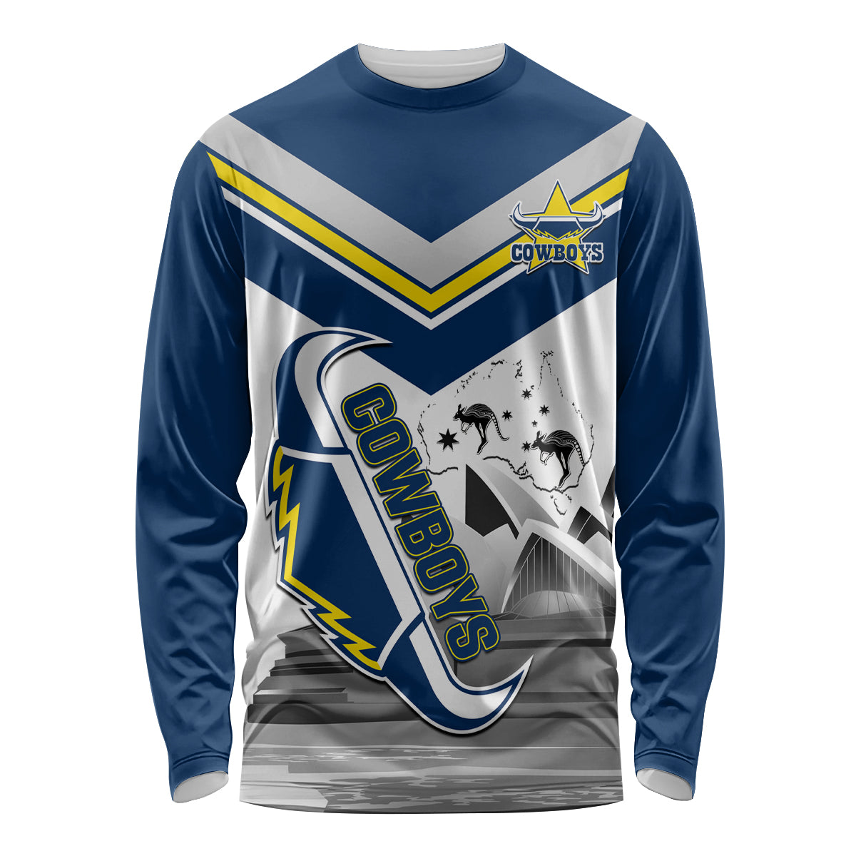 Custom Australia Day Cowboys Long Sleeve Shirt NRL 2024 Sydney Opera House With Map - Vibe Hoodie Shop