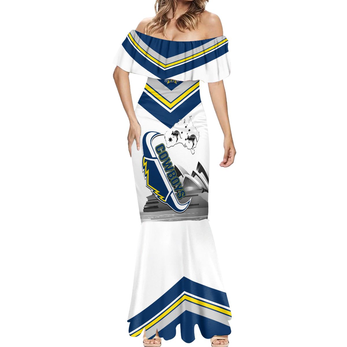 Custom Australia Day Cowboys Mermaid Dress NRL 2024 Sydney Opera House With Map