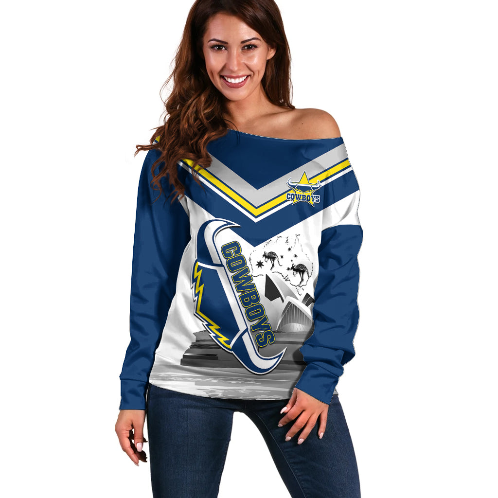 Custom Australia Day Cowboys Off Shoulder Sweater NRL 2024 Sydney Opera House With Map - Vibe Hoodie Shop