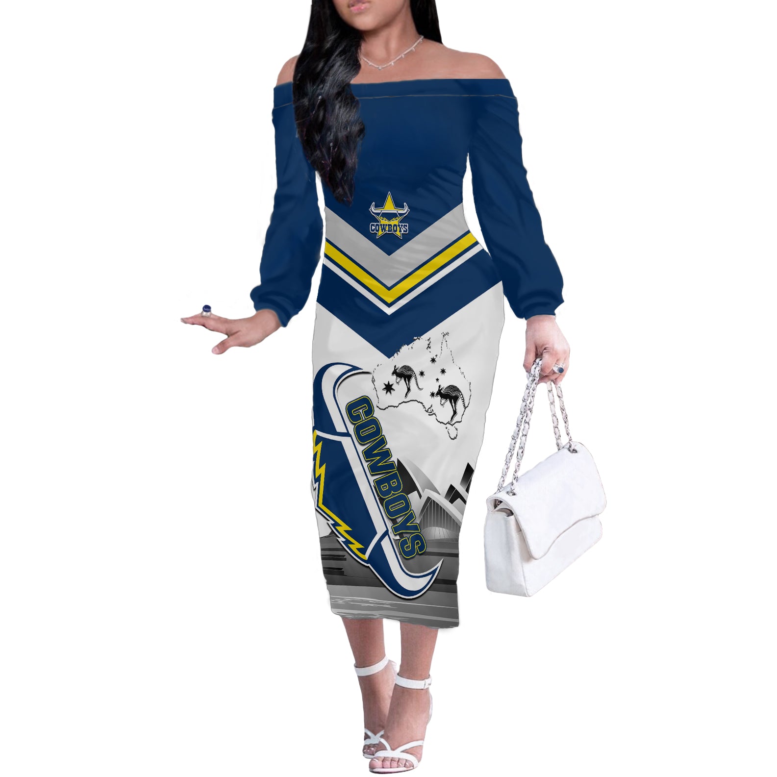 Custom Australia Day Cowboys Off The Shoulder Long Sleeve Dress NRL 2024 Sydney Opera House With Map