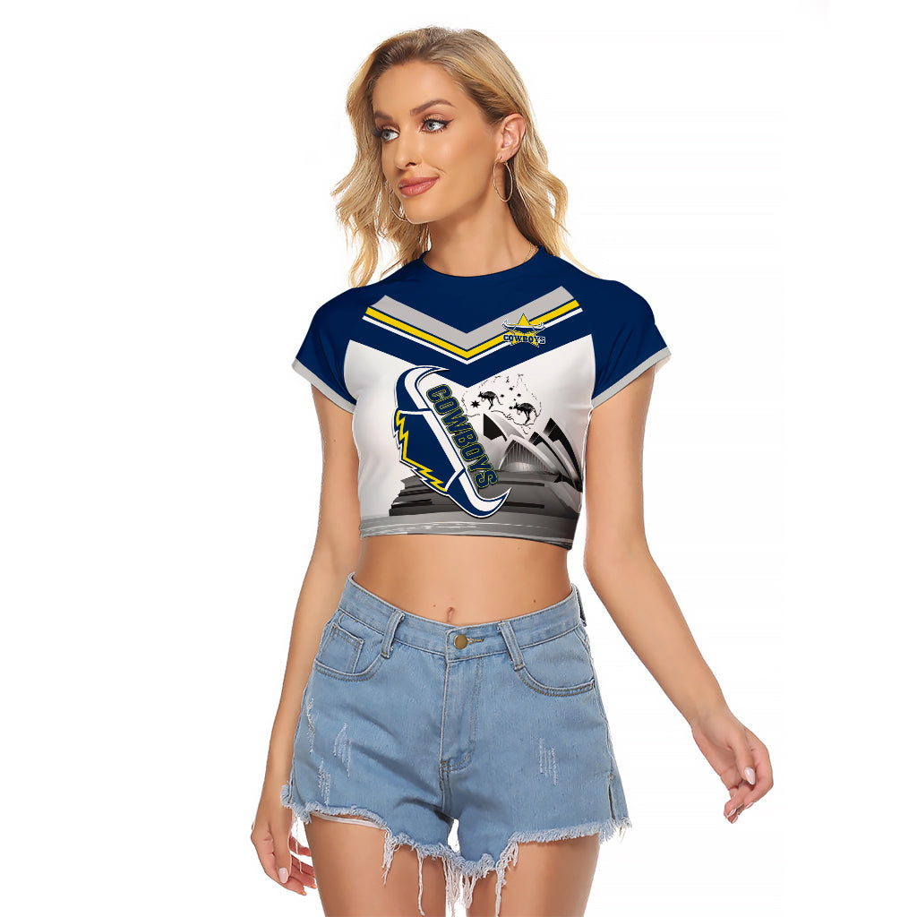 Custom Australia Day Cowboys Raglan Cropped T Shirt NRL 2024 Sydney Opera House With Map - Vibe Hoodie Shop