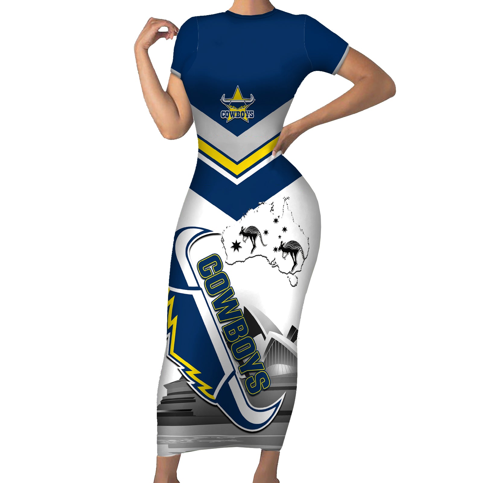 Custom Australia Day Cowboys Short Sleeve Bodycon Dress NRL 2024 Sydney Opera House With Map