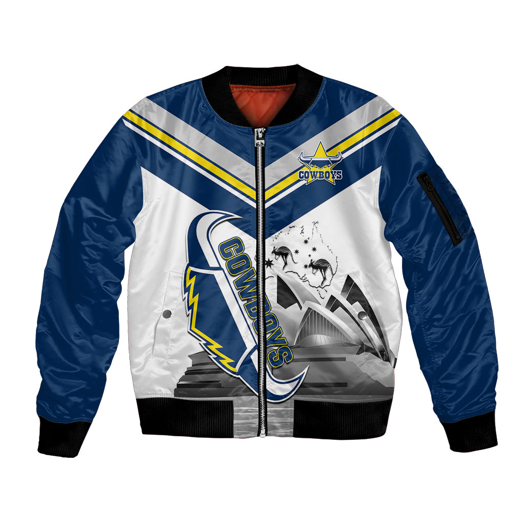 Custom Australia Day Cowboys Sleeve Zip Bomber Jacket NRL 2024 Sydney Opera House With Map