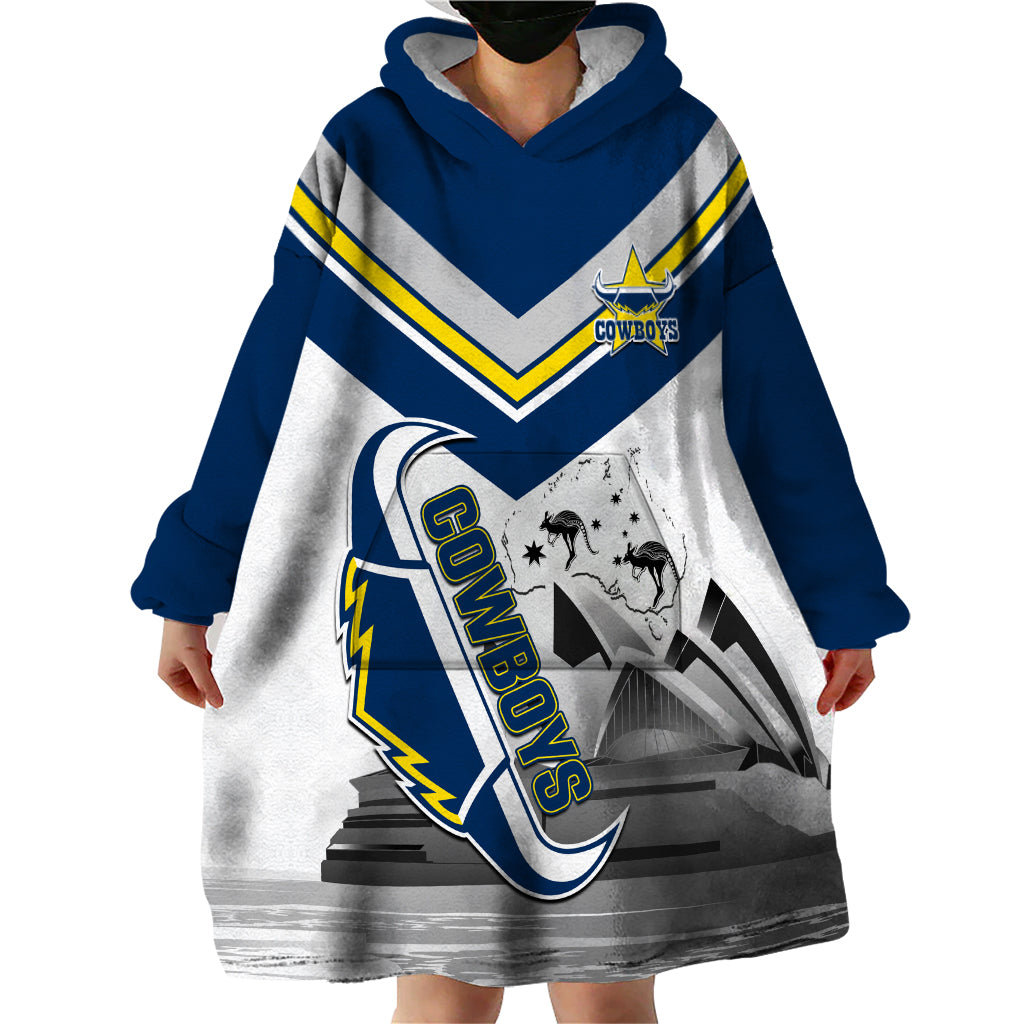 Custom Australia Day Cowboys Wearable Blanket Hoodie NRL 2024 Sydney Opera House With Map - Vibe Hoodie Shop