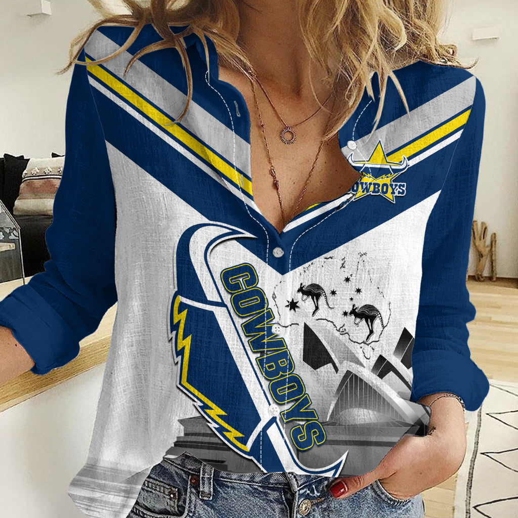 Custom Australia Day Cowboys Women Casual Shirt NRL 2024 Sydney Opera House With Map - Vibe Hoodie Shop