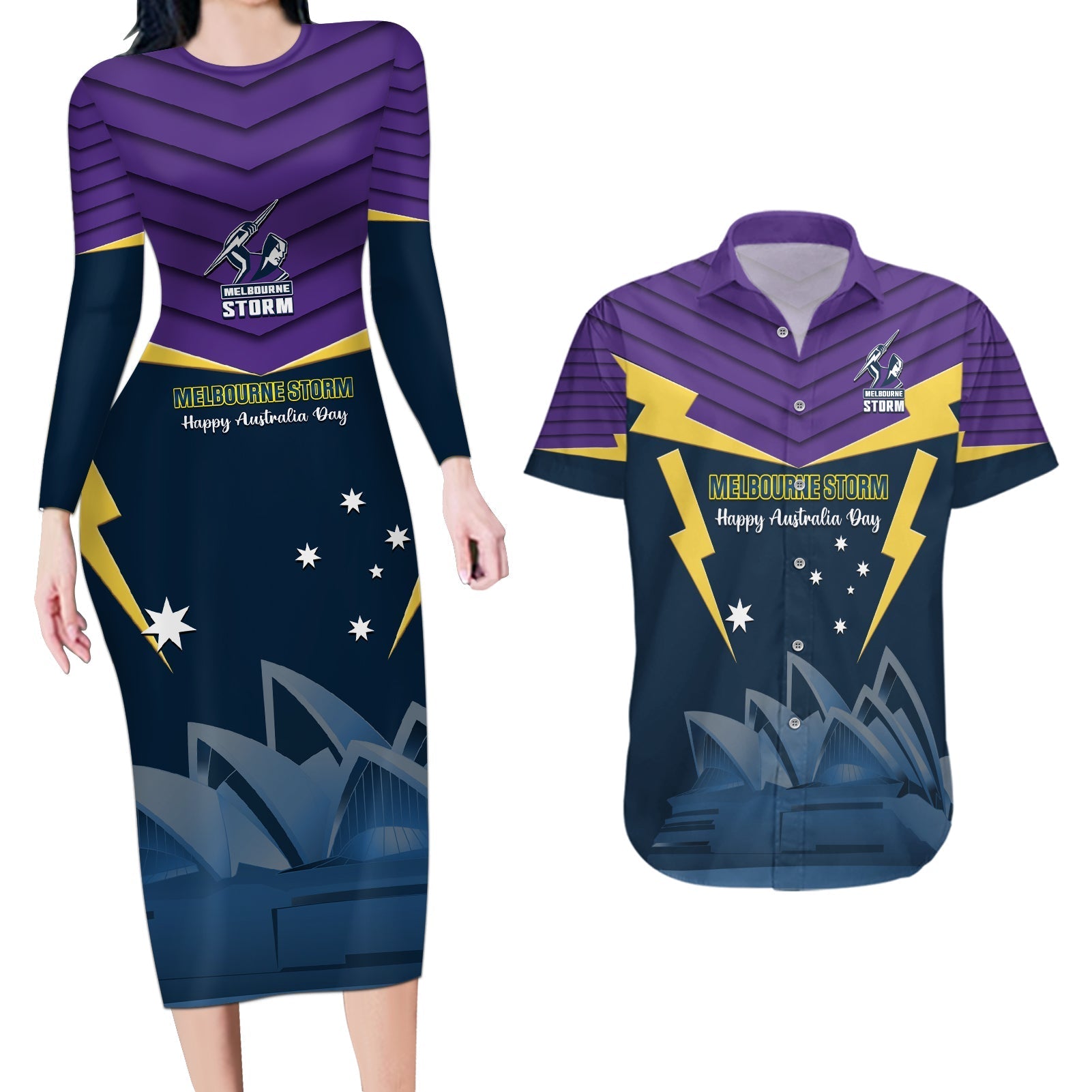 Custom Australia Day Storm Couples Matching Long Sleeve Bodycon Dress and Hawaiian Shirt NRL 2024 Sydney Opera House With Map