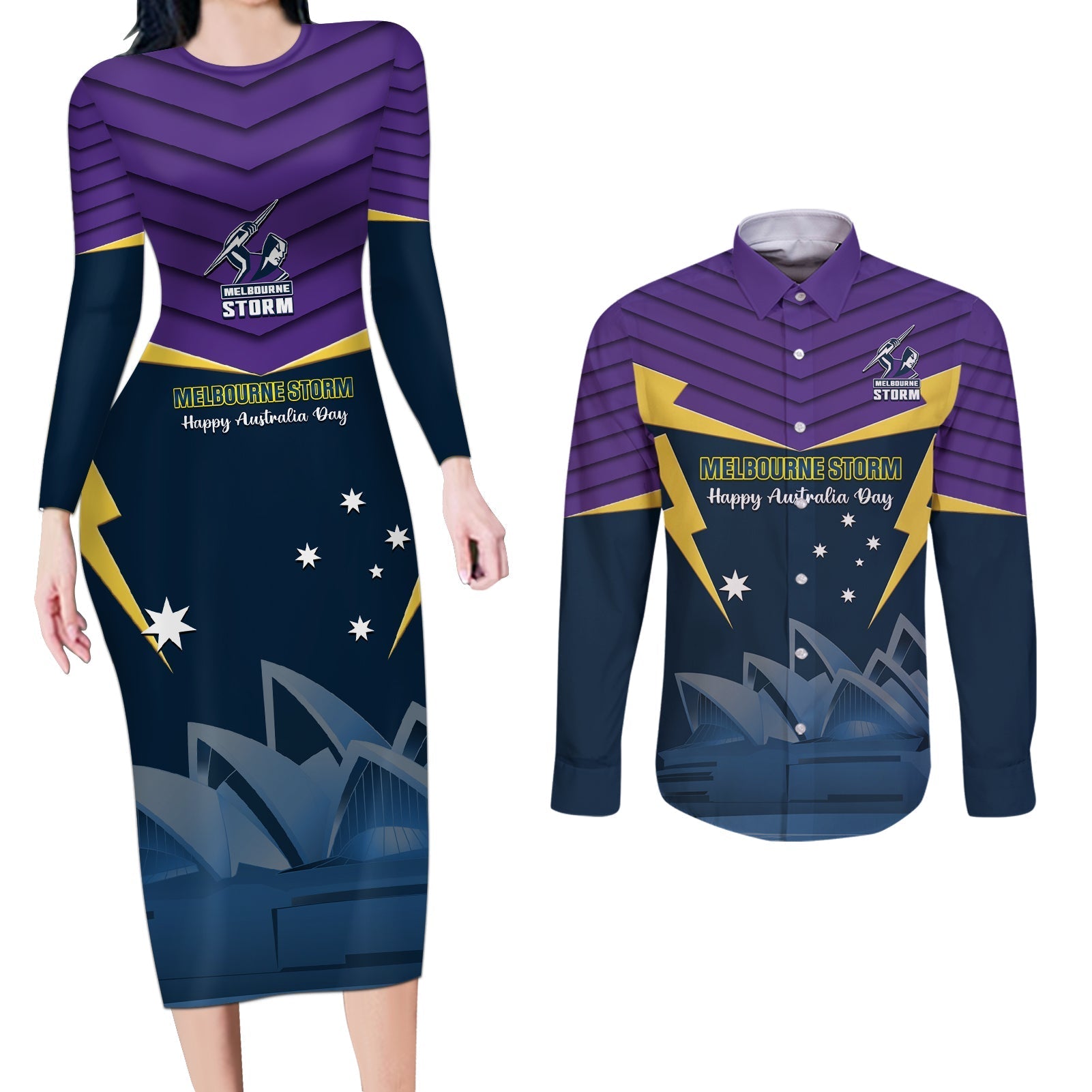 Custom Australia Day Storm Couples Matching Long Sleeve Bodycon Dress and Long Sleeve Button Shirt NRL 2024 Sydney Opera House With Map