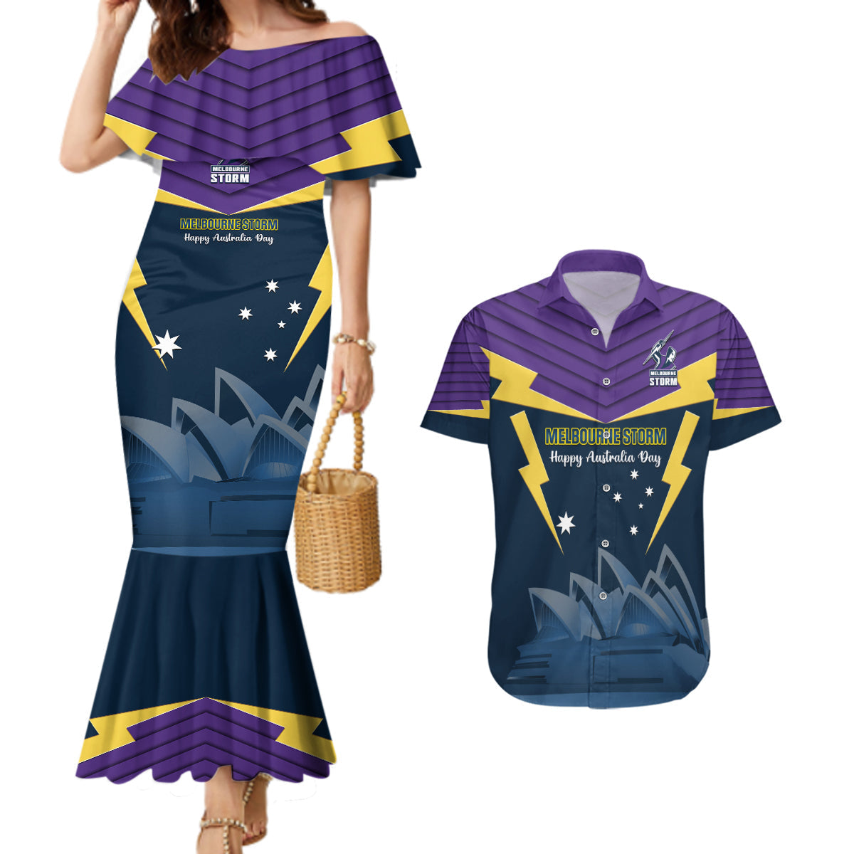 Custom Australia Day Storm Couples Matching Mermaid Dress and Hawaiian Shirt NRL 2024 Sydney Opera House With Map