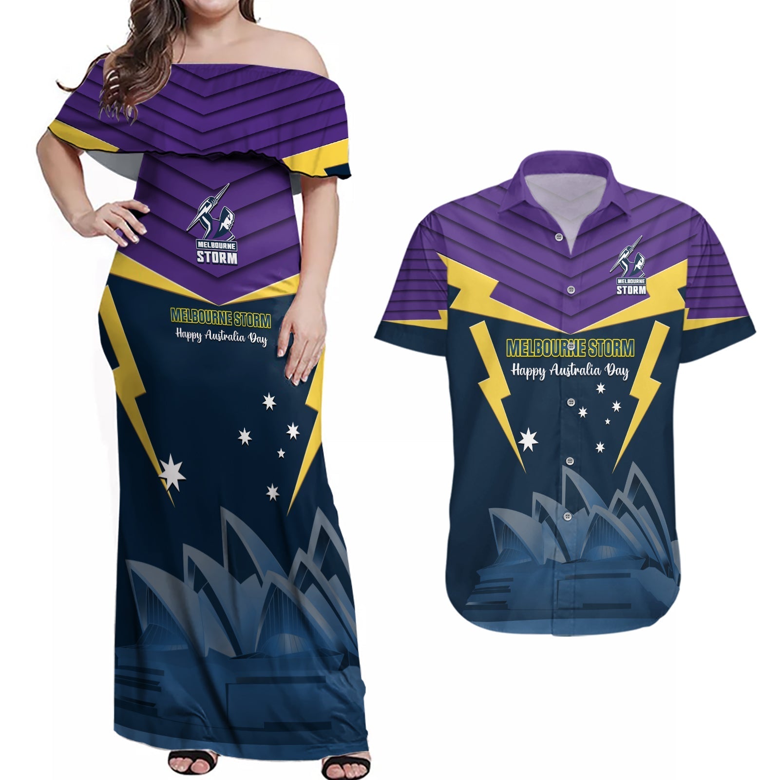 Custom Australia Day Storm Couples Matching Off Shoulder Maxi Dress and Hawaiian Shirt NRL 2024 Sydney Opera House With Map