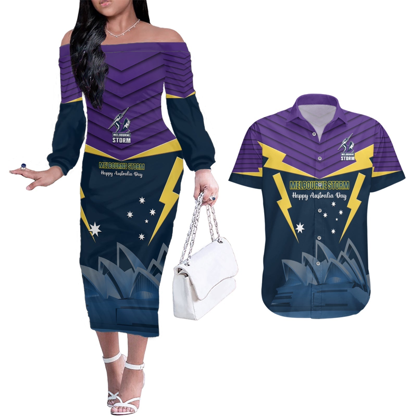 Custom Australia Day Storm Couples Matching Off The Shoulder Long Sleeve Dress and Hawaiian Shirt NRL 2024 Sydney Opera House With Map