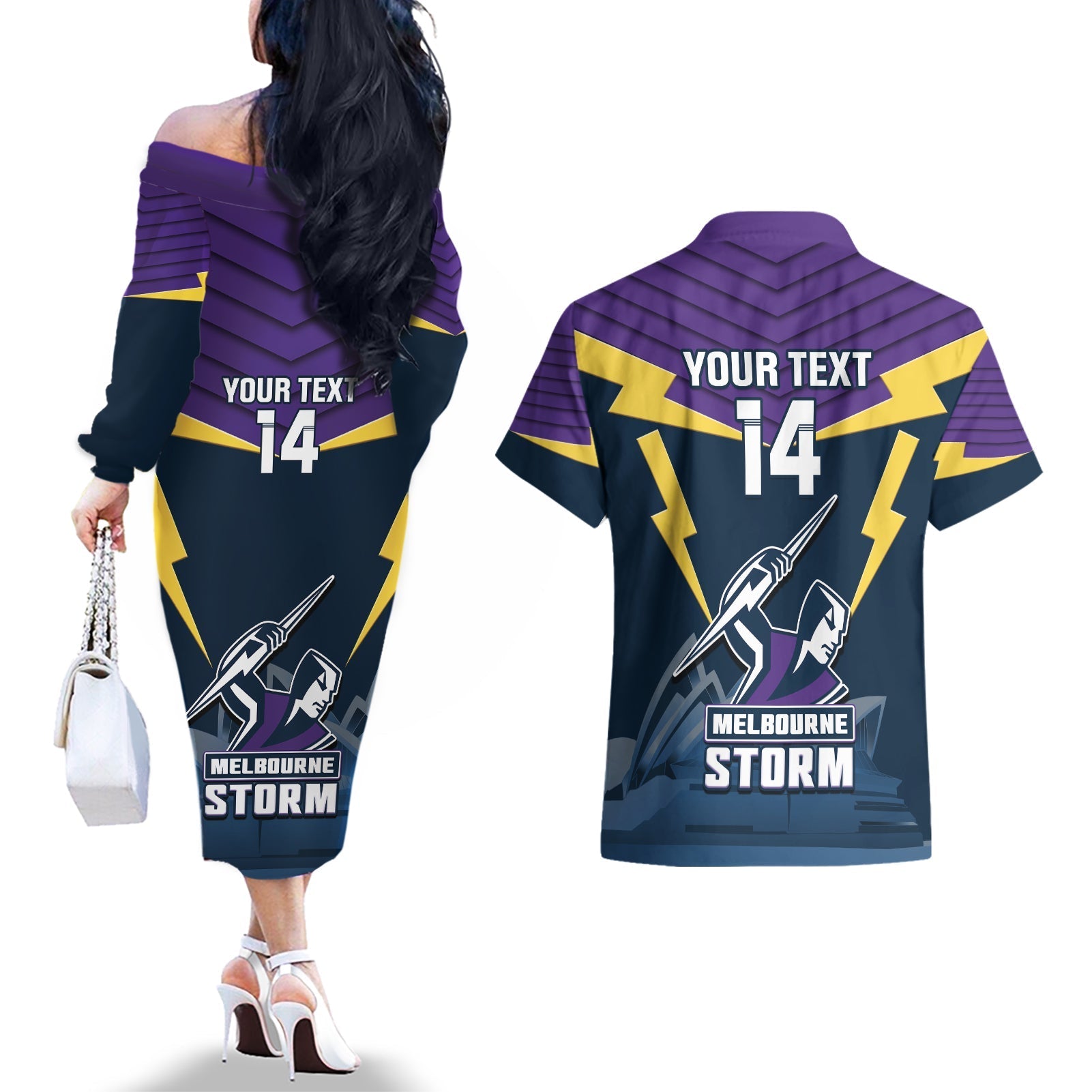 Custom Australia Day Storm Couples Matching Off The Shoulder Long Sleeve Dress and Hawaiian Shirt NRL 2024 Sydney Opera House With Map