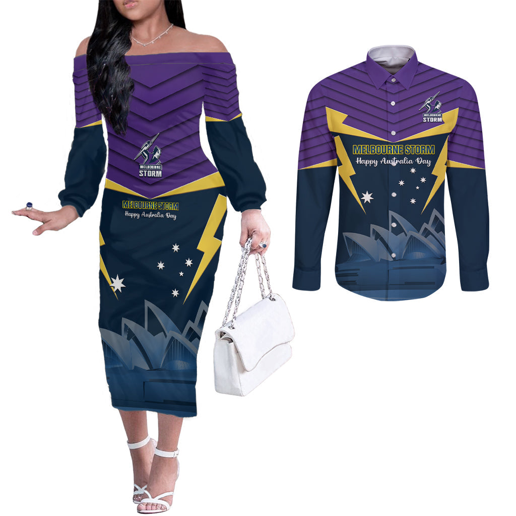 Custom Australia Day Storm Couples Matching Off The Shoulder Long Sleeve Dress and Long Sleeve Button Shirt NRL 2024 Sydney Opera House With Map