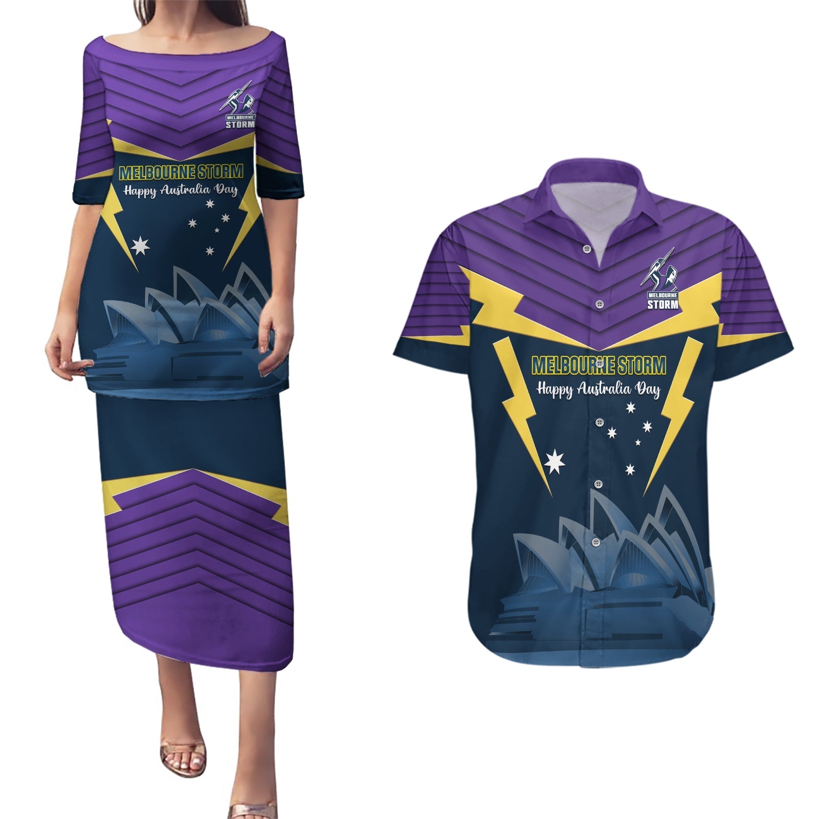 Custom Australia Day Storm Couples Matching Puletasi and Hawaiian Shirt NRL 2024 Sydney Opera House With Map