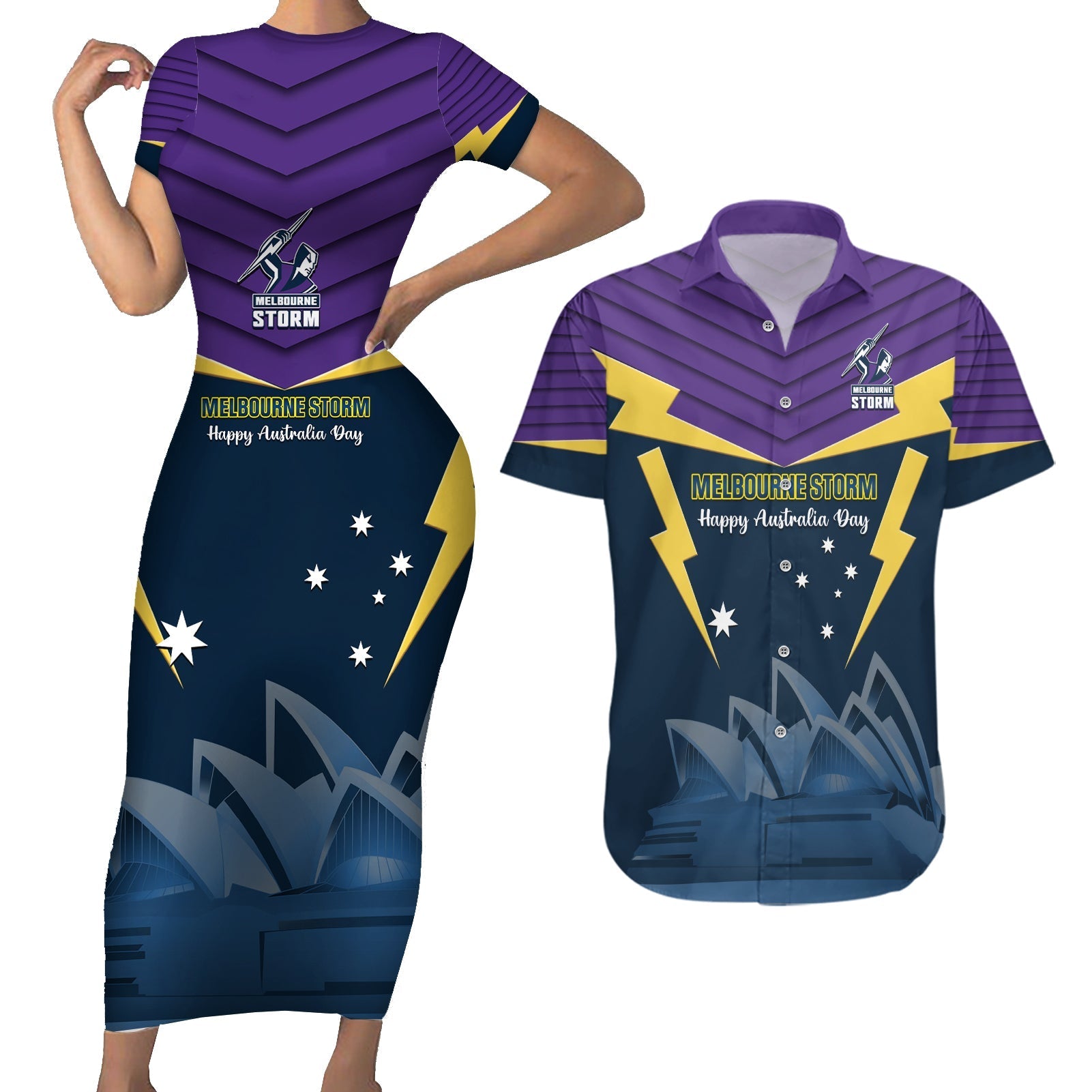 Custom Australia Day Storm Couples Matching Short Sleeve Bodycon Dress and Hawaiian Shirt NRL 2024 Sydney Opera House With Map