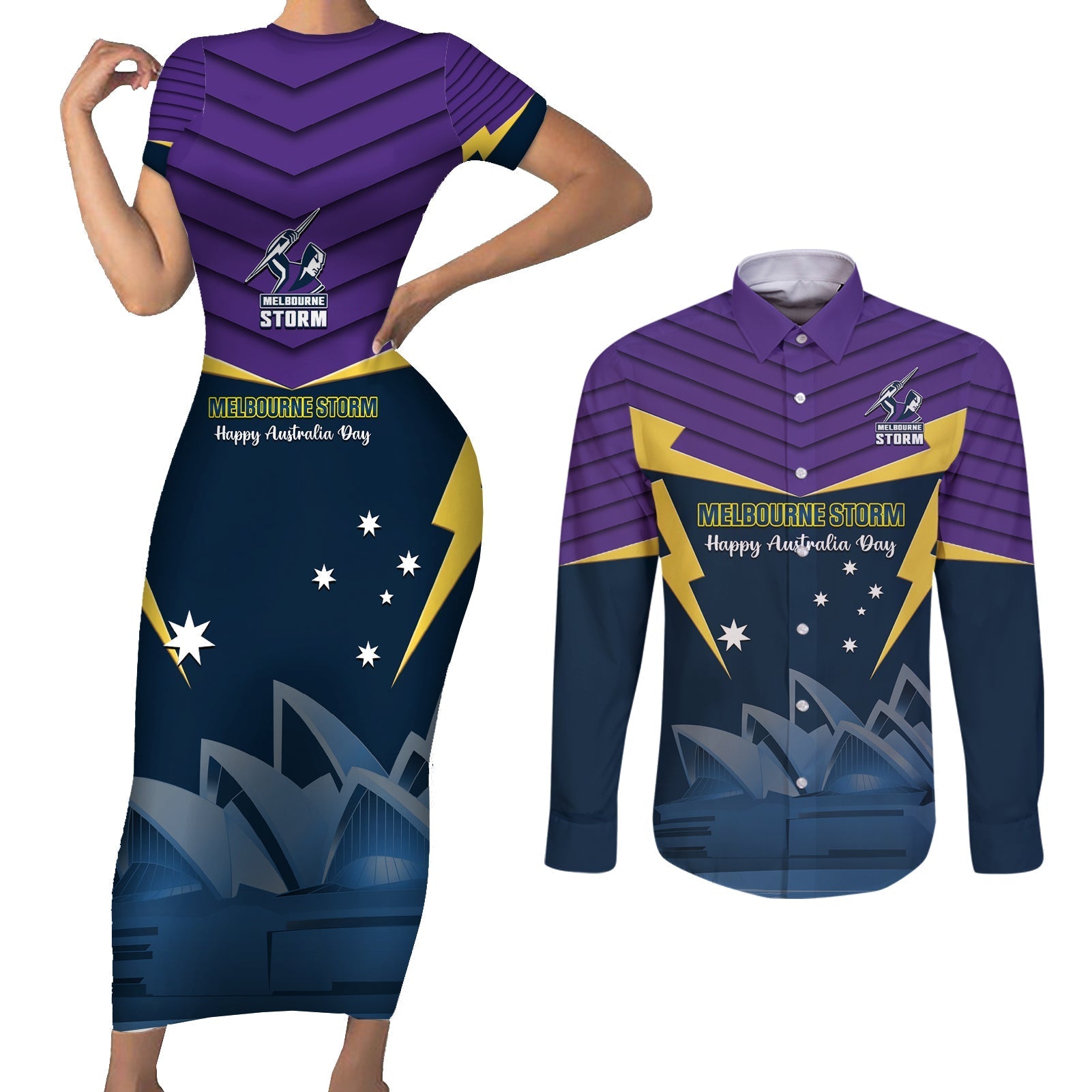 Custom Australia Day Storm Couples Matching Short Sleeve Bodycon Dress and Long Sleeve Button Shirt NRL 2024 Sydney Opera House With Map