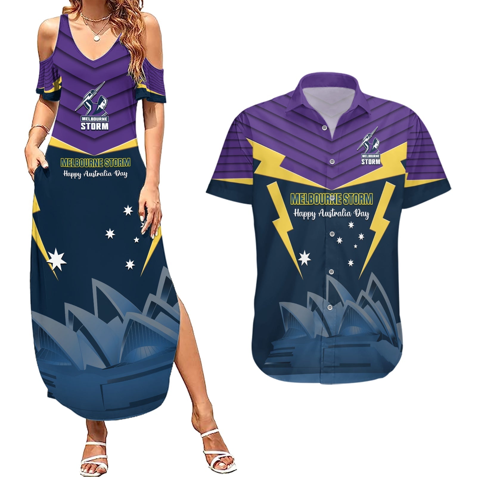 Custom Australia Day Storm Couples Matching Summer Maxi Dress and Hawaiian Shirt NRL 2024 Sydney Opera House With Map