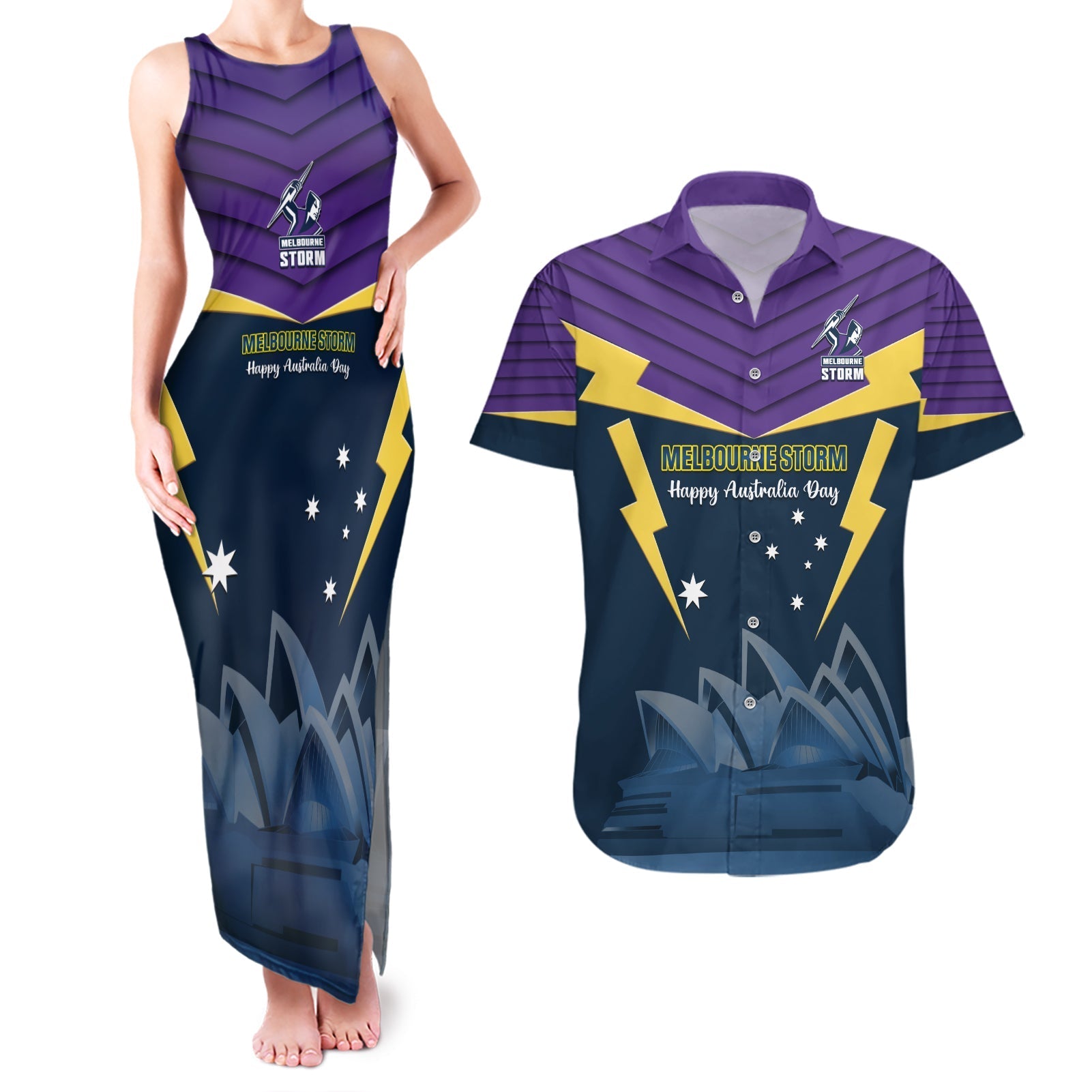 Custom Australia Day Storm Couples Matching Tank Maxi Dress and Hawaiian Shirt NRL 2024 Sydney Opera House With Map