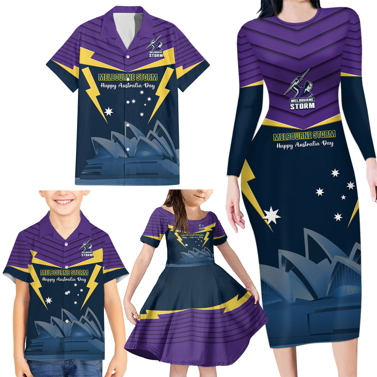 Custom Australia Day Storm Family Matching Long Sleeve Bodycon Dress and Hawaiian Shirt NRL 2024 Sydney Opera House With Map