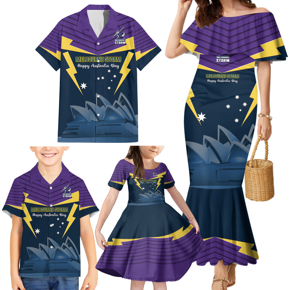 Custom Australia Day Storm Family Matching Mermaid Dress and Hawaiian Shirt NRL 2024 Sydney Opera House With Map