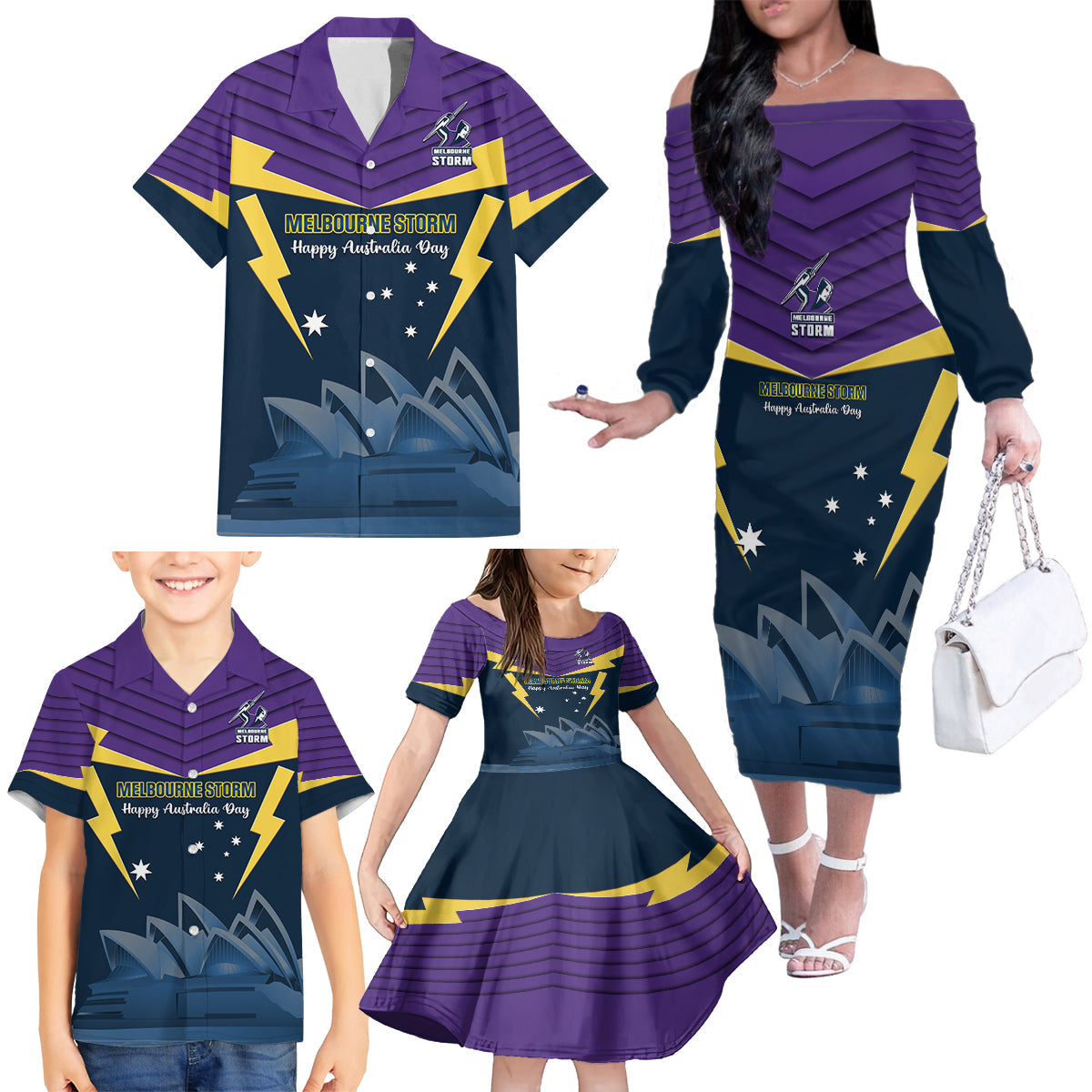 Custom Australia Day Storm Family Matching Off Shoulder Long Sleeve Dress and Hawaiian Shirt NRL 2024 Sydney Opera House With Map