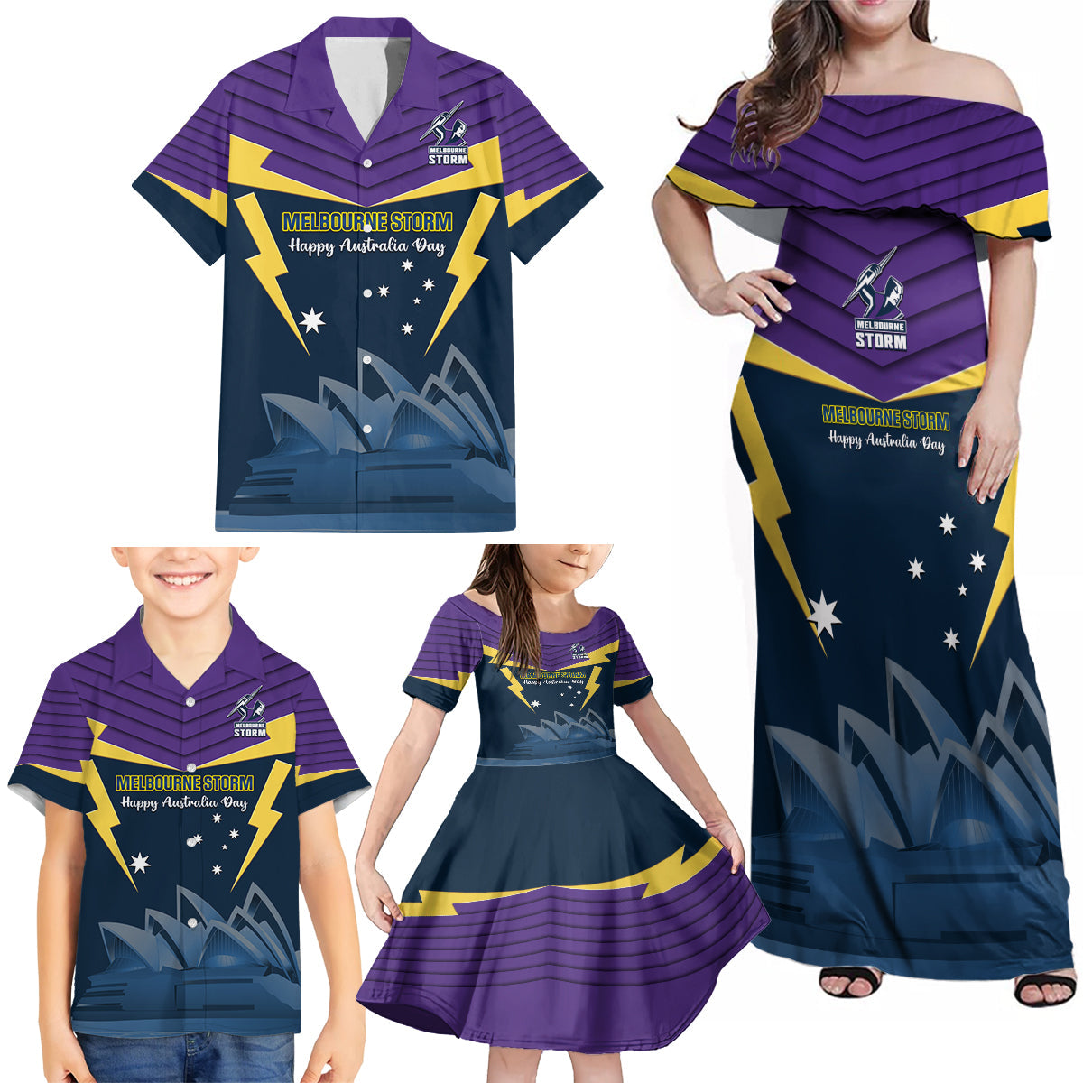 Custom Australia Day Storm Family Matching Off Shoulder Maxi Dress and Hawaiian Shirt NRL 2024 Sydney Opera House With Map