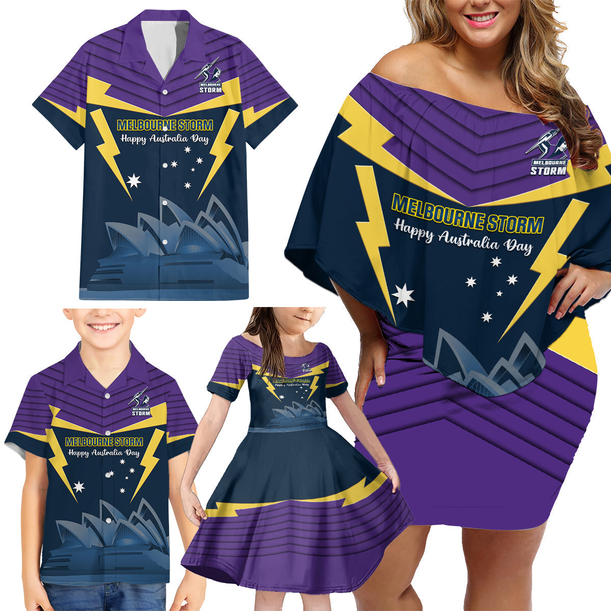 Custom Australia Day Storm Family Matching Off Shoulder Short Dress and Hawaiian Shirt NRL 2024 Sydney Opera House With Map