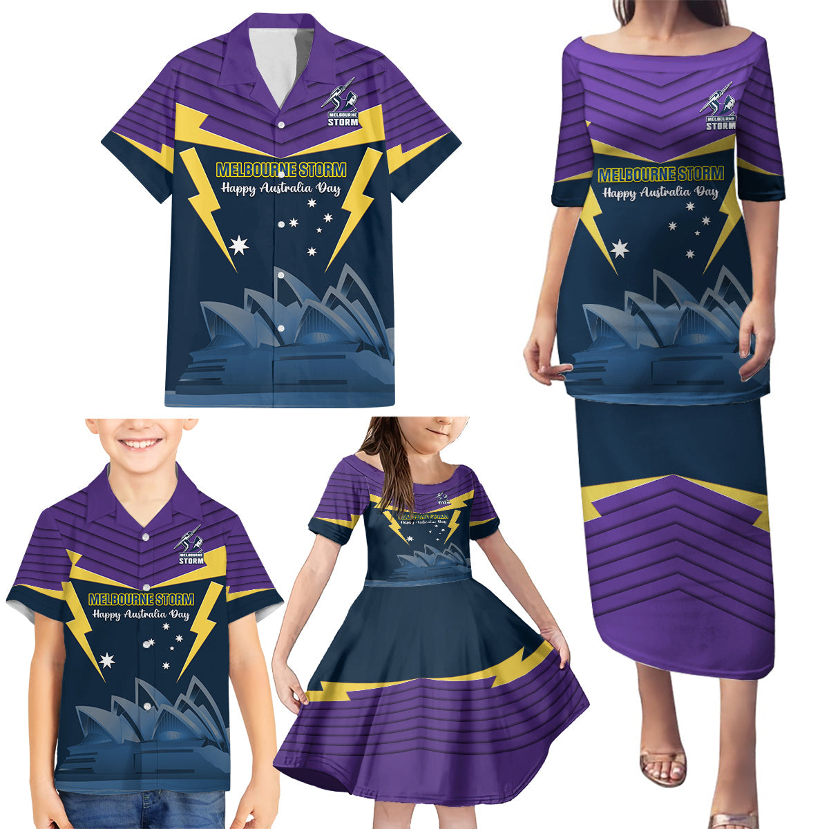 Custom Australia Day Storm Family Matching Puletasi and Hawaiian Shirt NRL 2024 Sydney Opera House With Map