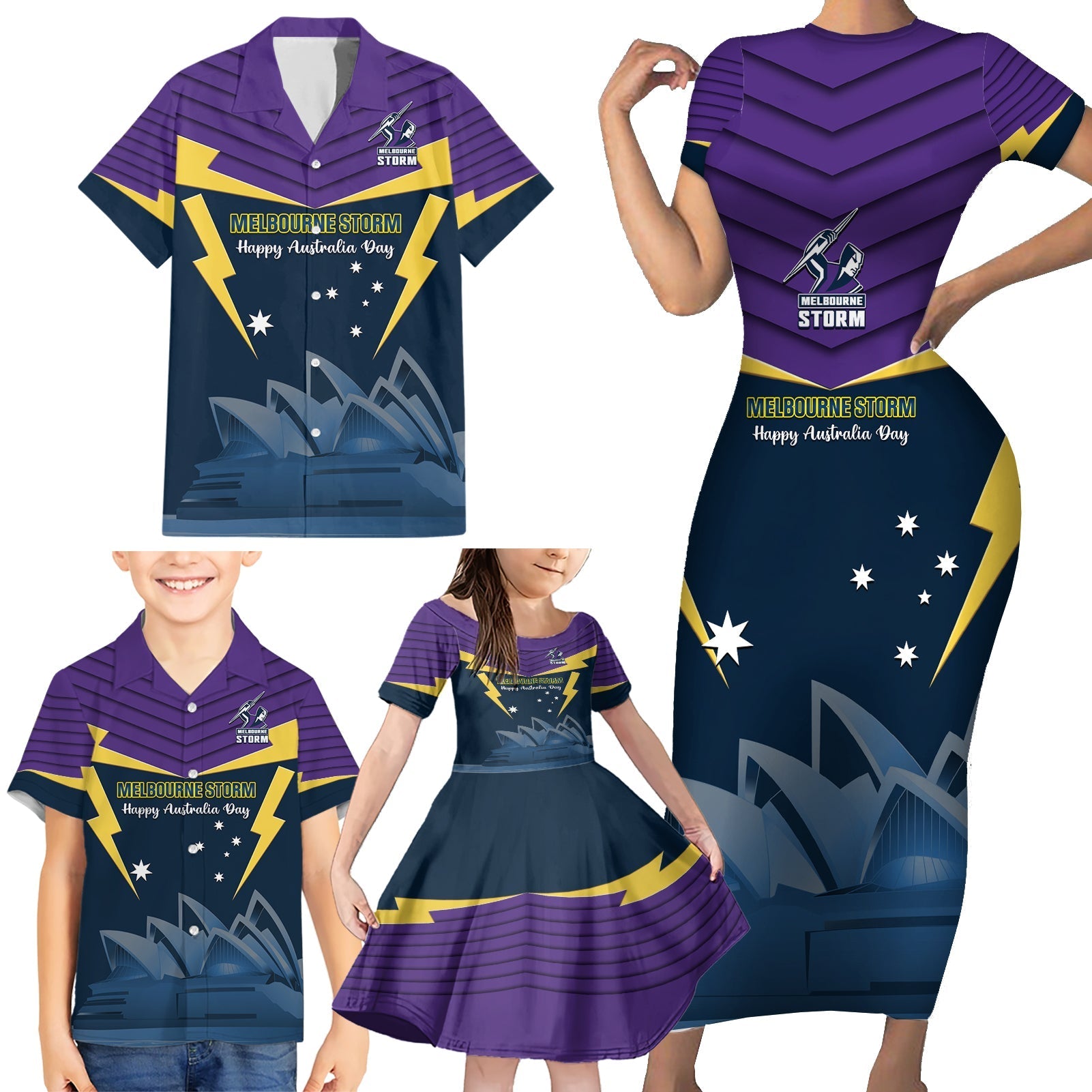 Custom Australia Day Storm Family Matching Short Sleeve Bodycon Dress and Hawaiian Shirt NRL 2024 Sydney Opera House With Map