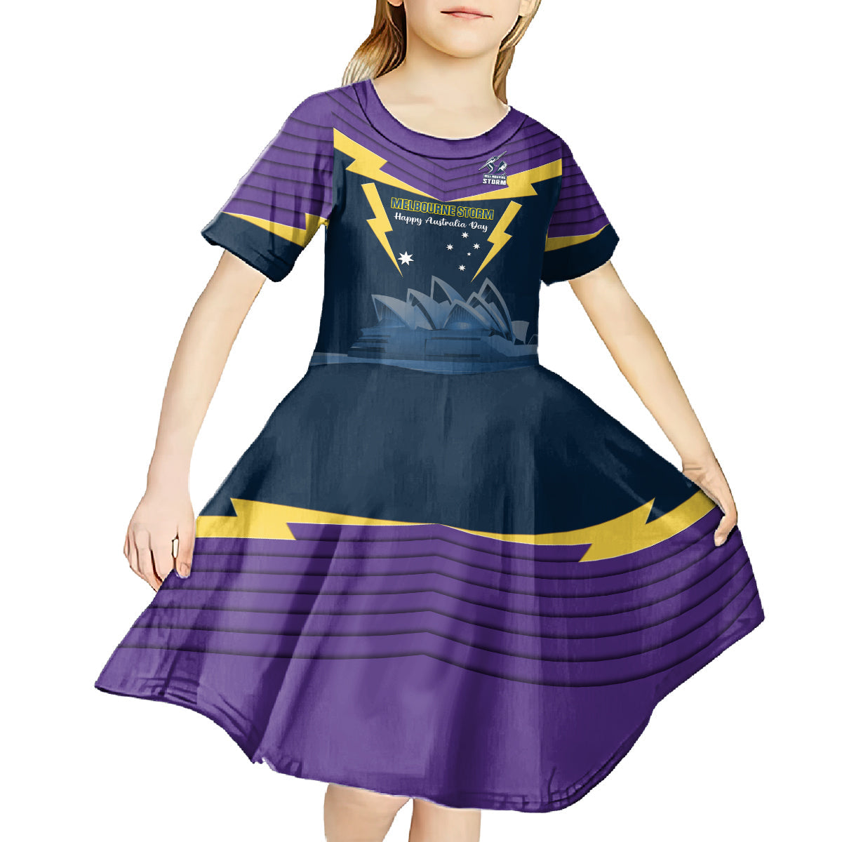 Custom Australia Day Storm Kid Short Sleeve Dress NRL 2024 Sydney Opera House With Map