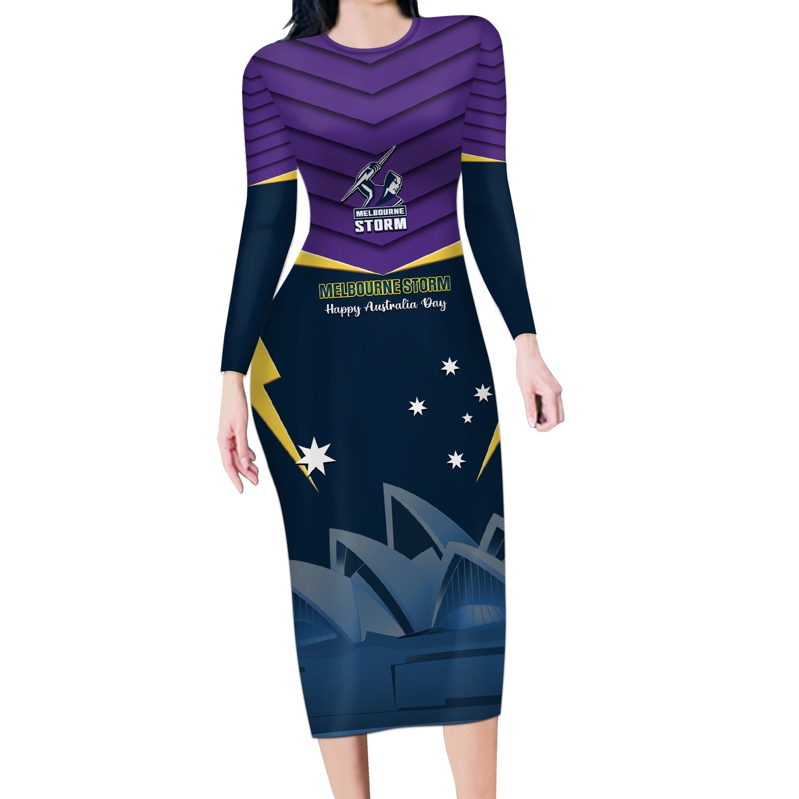 Custom Australia Day Storm Long Sleeve Bodycon Dress NRL 2024 Sydney Opera House With Map