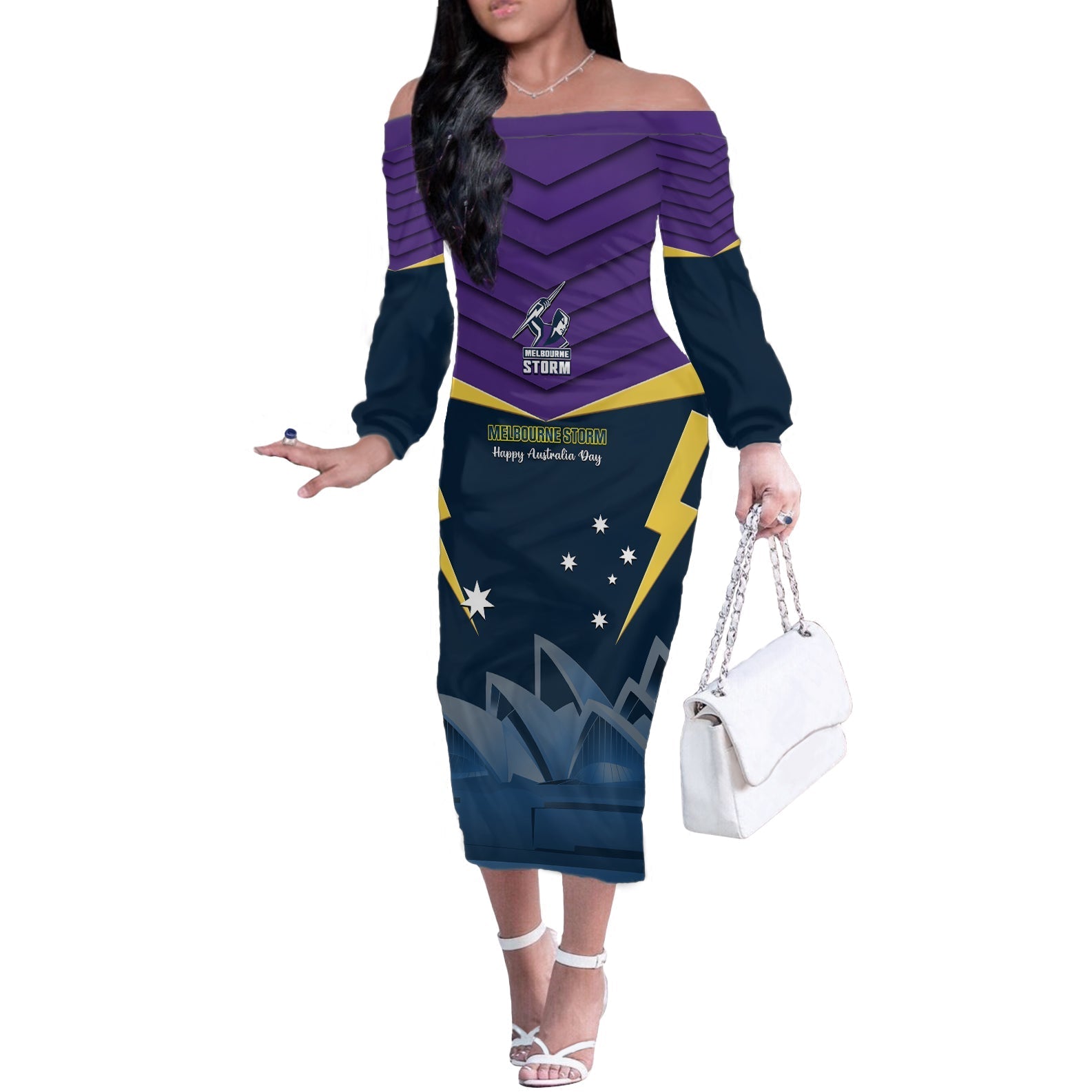 Custom Australia Day Storm Off The Shoulder Long Sleeve Dress NRL 2024 Sydney Opera House With Map