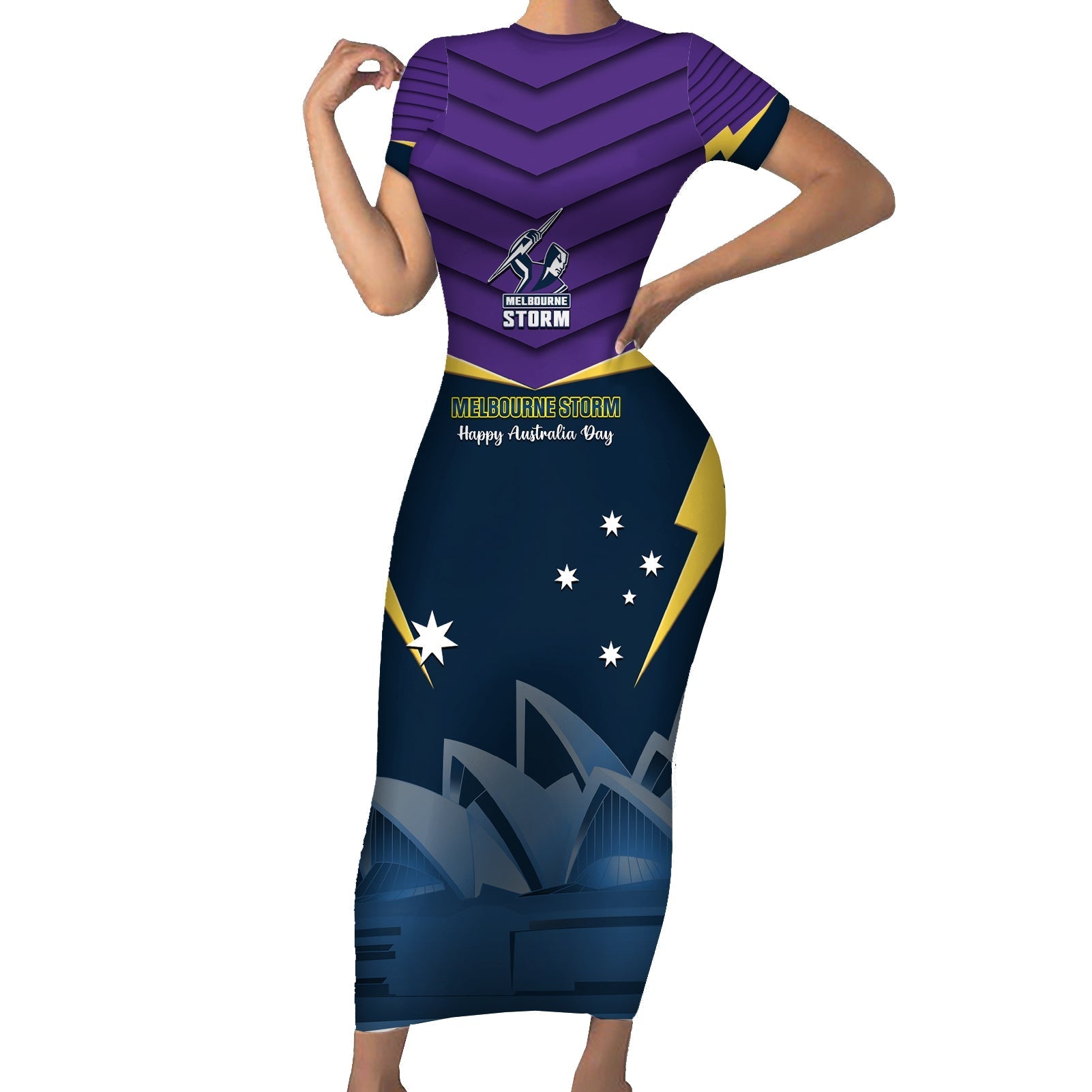 Custom Australia Day Storm Short Sleeve Bodycon Dress NRL 2024 Sydney Opera House With Map