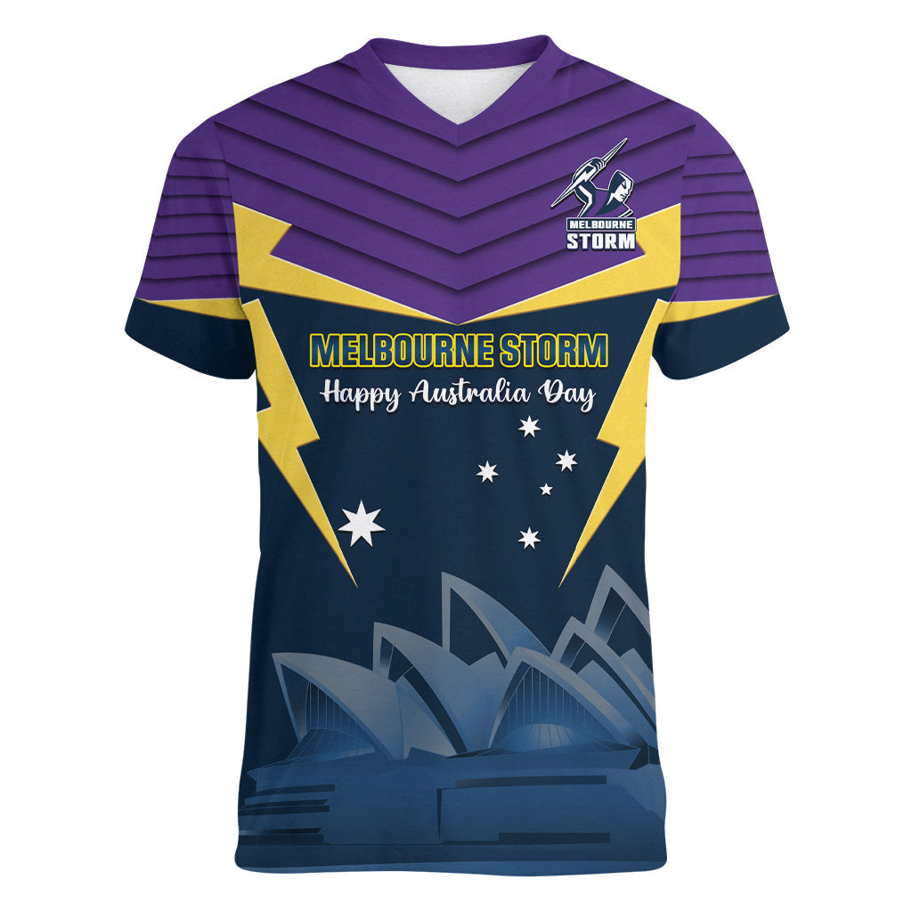 Custom Australia Day Storm Women V Neck T Shirt NRL 2024 Sydney Opera House With Map