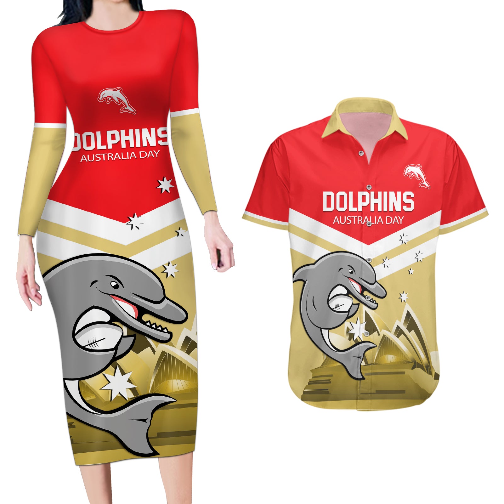 Custom Australia Day Dolphins Couples Matching Long Sleeve Bodycon Dress and Hawaiian Shirt NRL 2024 With Sydney Opera House