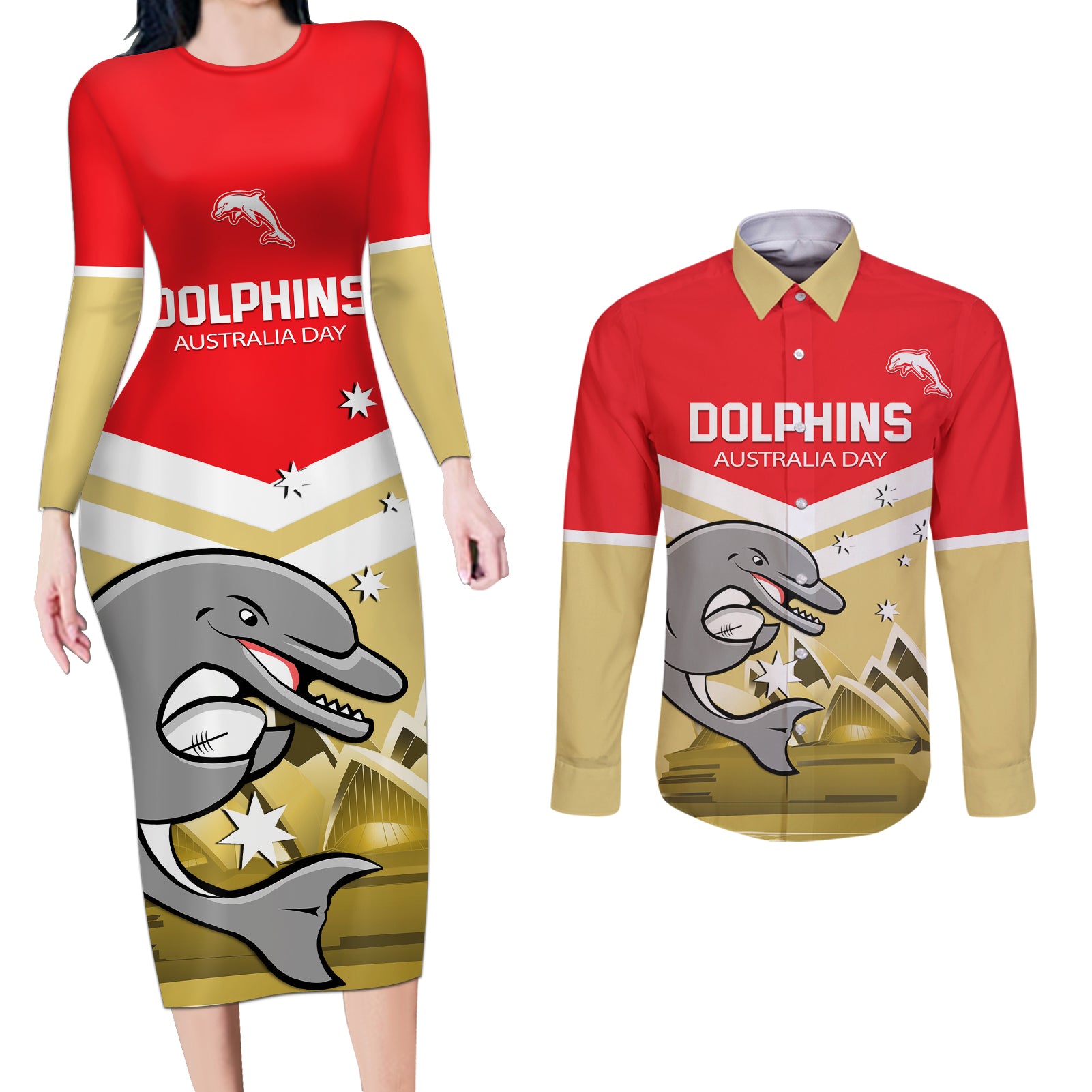 Custom Australia Day Dolphins Couples Matching Long Sleeve Bodycon Dress and Long Sleeve Button Shirt NRL 2024 With Sydney Opera House