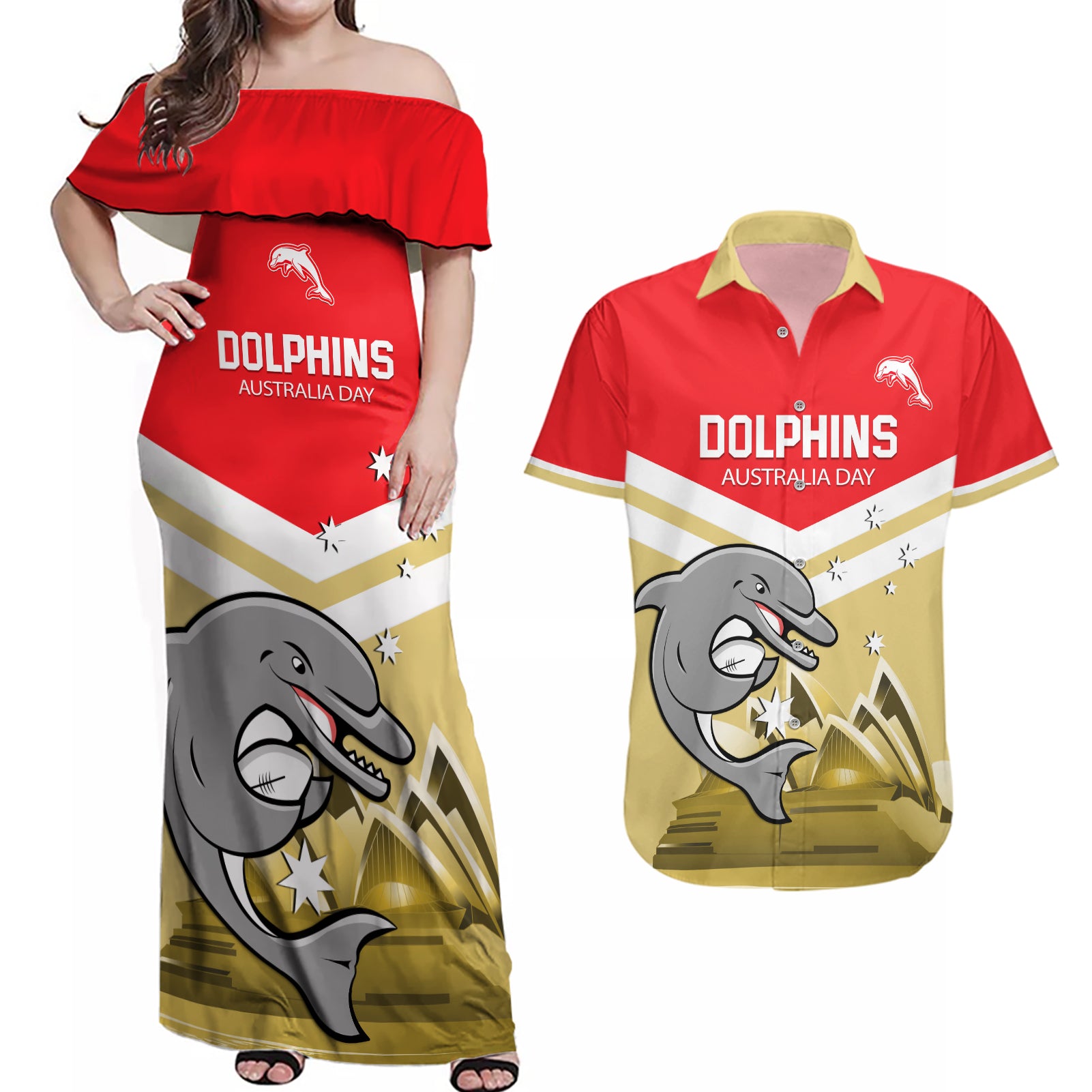 Custom Australia Day Dolphins Couples Matching Off Shoulder Maxi Dress and Hawaiian Shirt NRL 2024 With Sydney Opera House