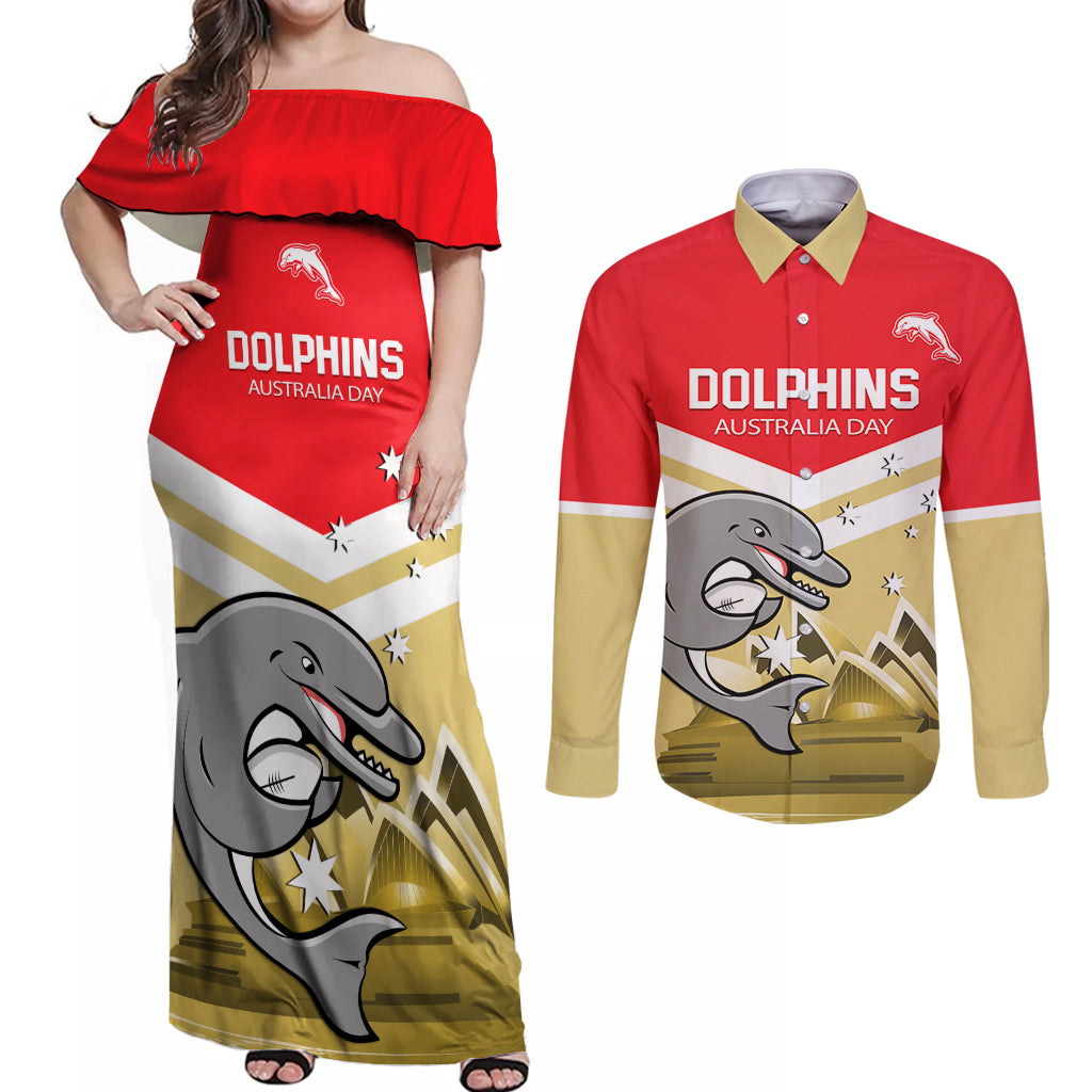 Custom Australia Day Dolphins Couples Matching Off Shoulder Maxi Dress and Long Sleeve Button Shirt NRL 2024 With Sydney Opera House